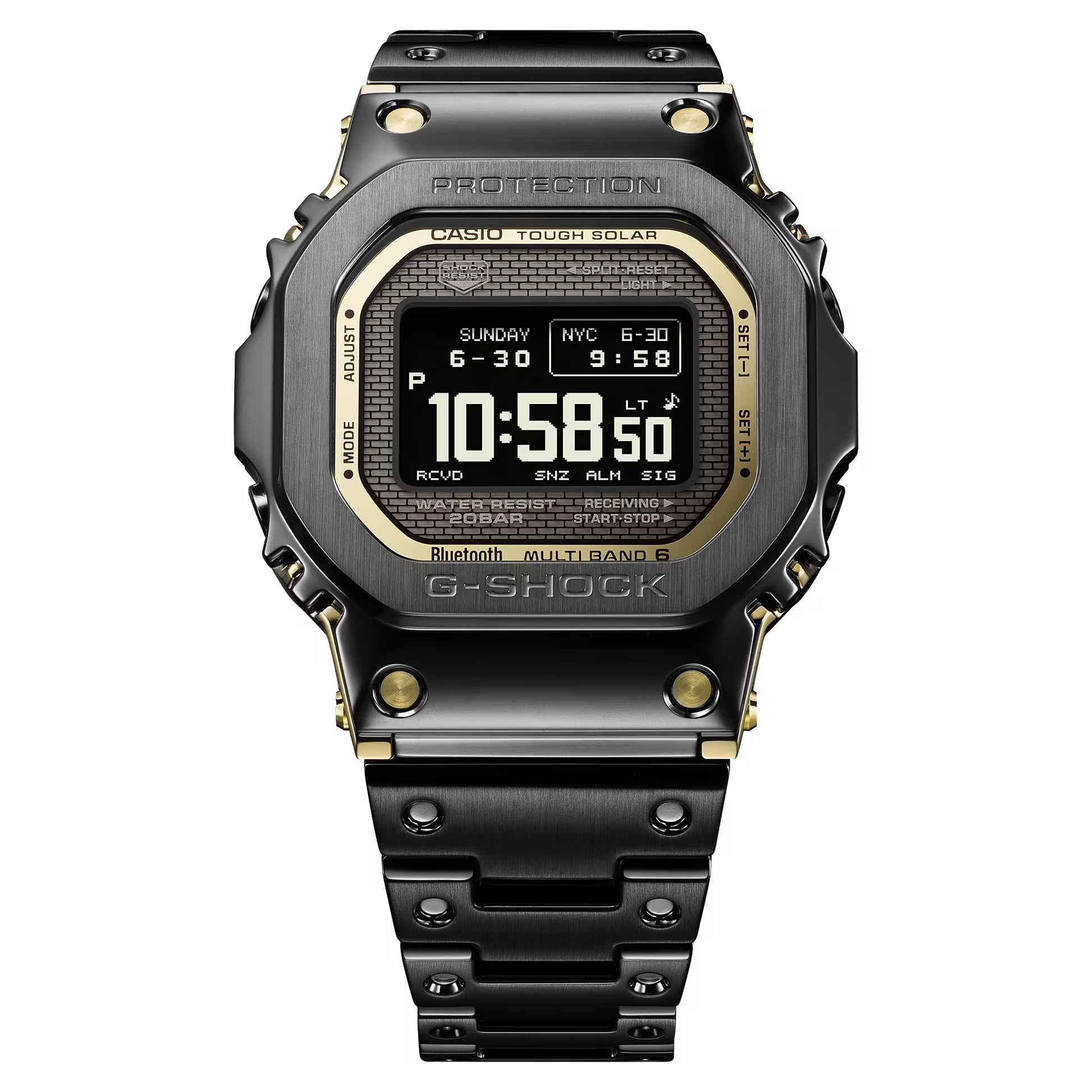 G-Shock digital watch with black and gold design on a white background