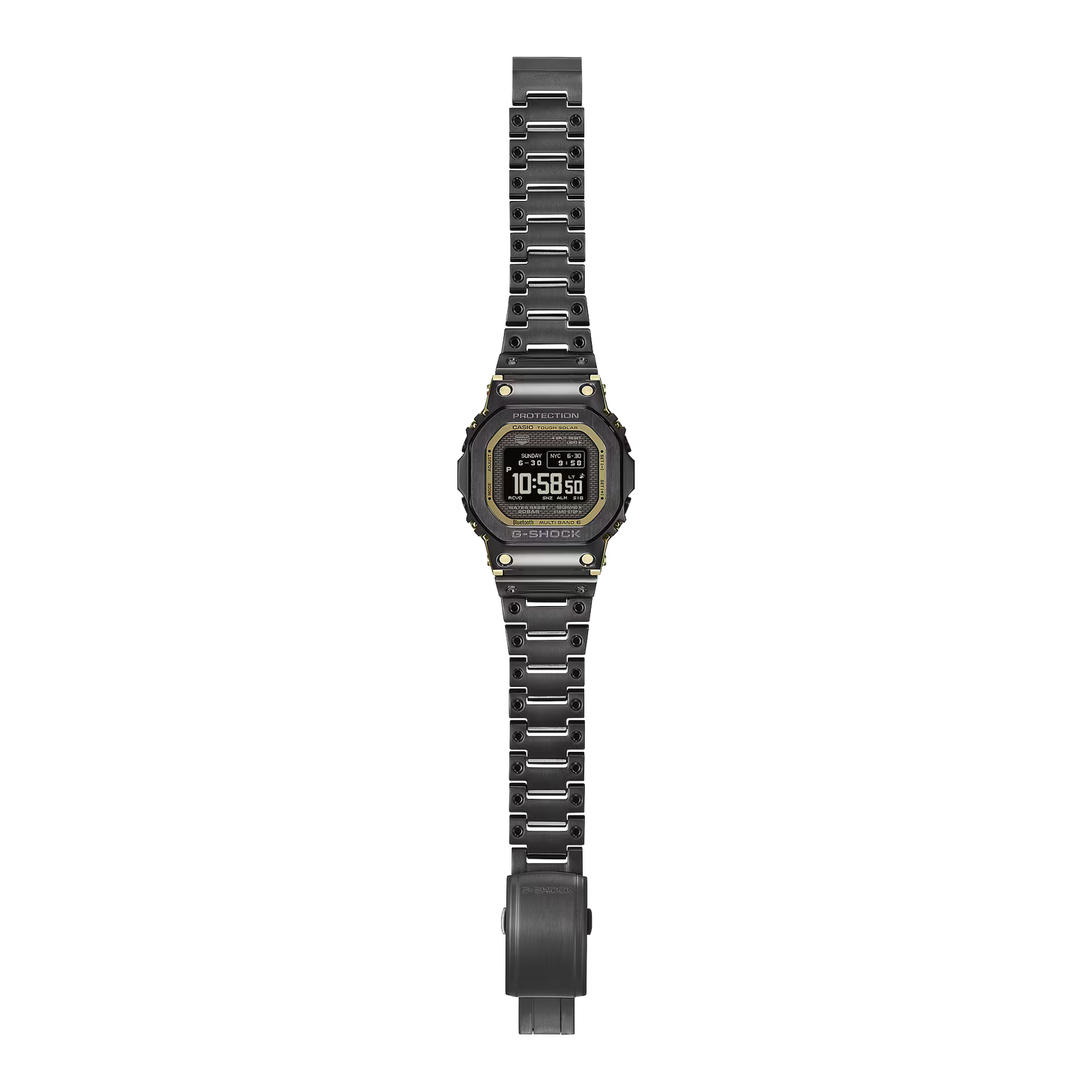 Black digital watch with metallic band on a white background