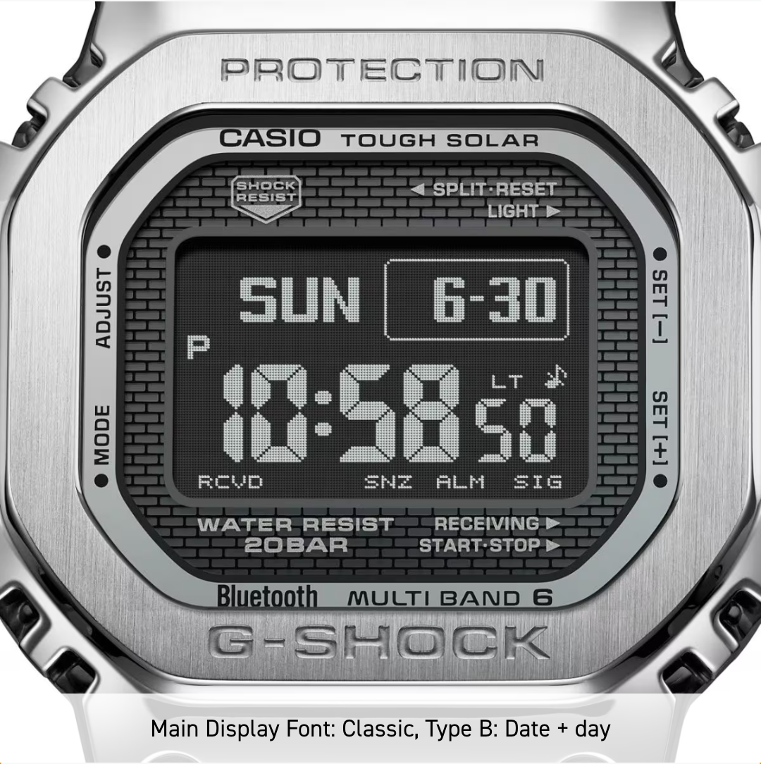 Casio G-Shock digital watch with metallic casing on a white background