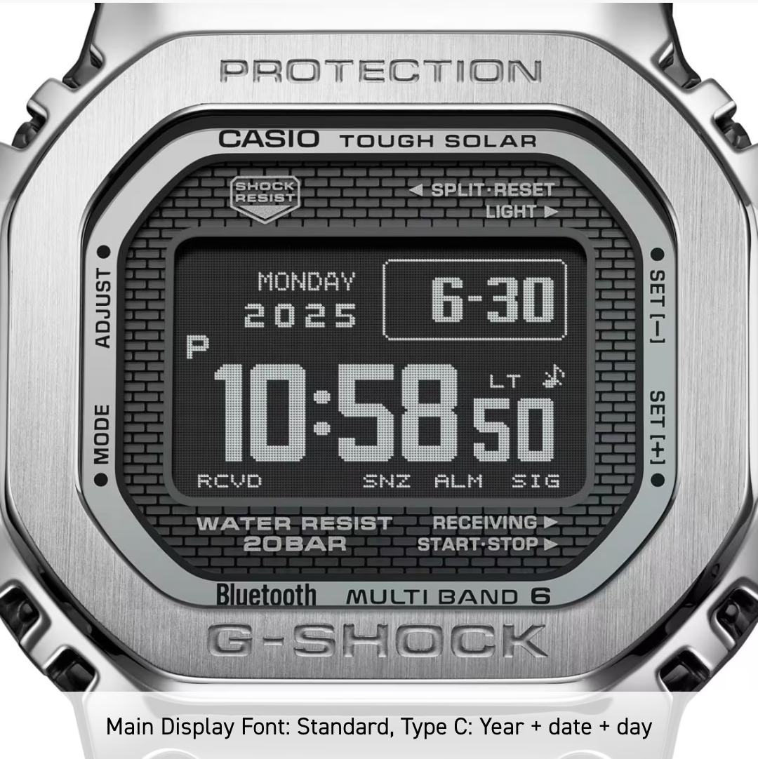 Casio G-Shock digital watch with metallic case and detailed display.