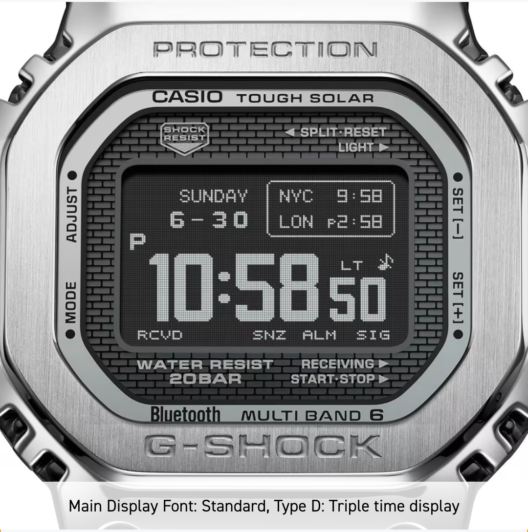 Casio G-Shock digital watch with metallic case and display details