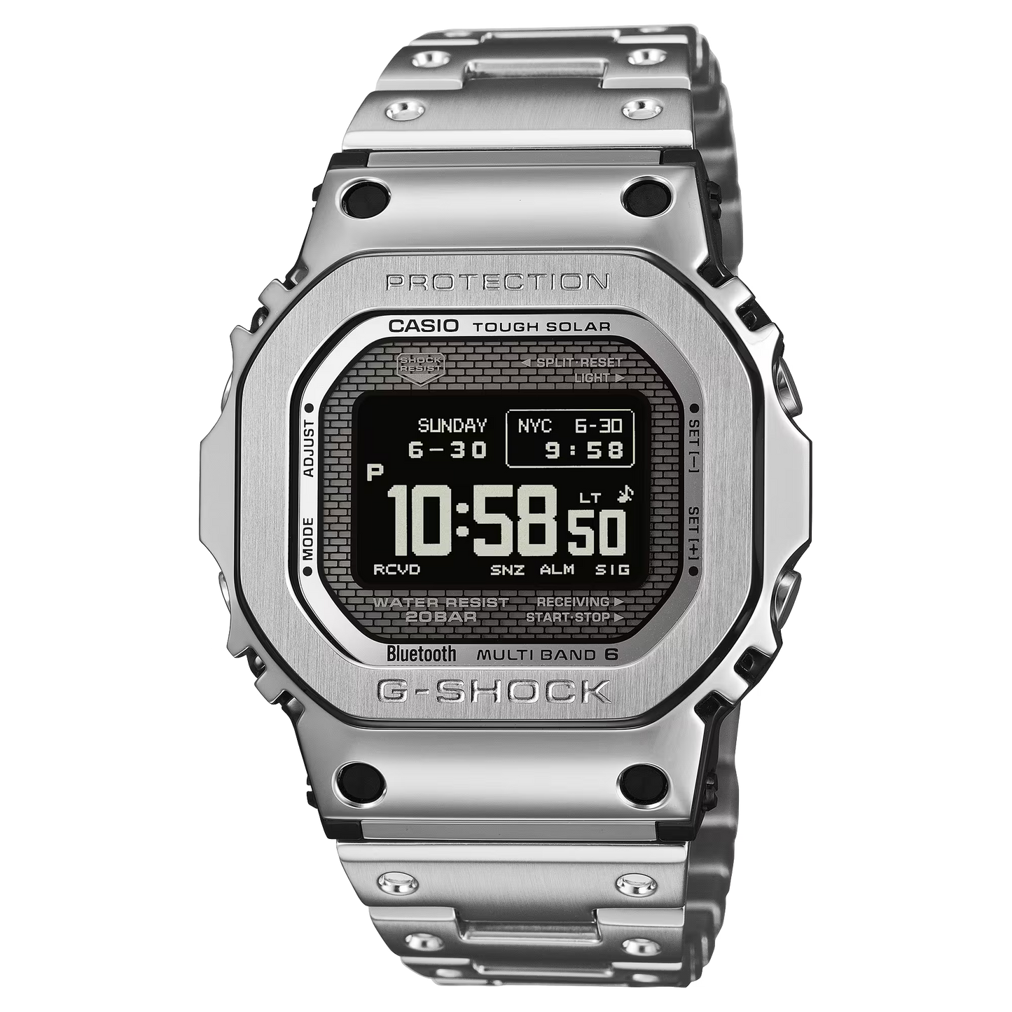 Casio G-SHOCK Full Metal 5000 Series GMW-BZ5000D-1 in stainless steel – full-metal shock-resistant structure, high-contrast MIP LCD, Tough Solar, Bluetooth, Multiband 6, and modern generative-inspired case design.