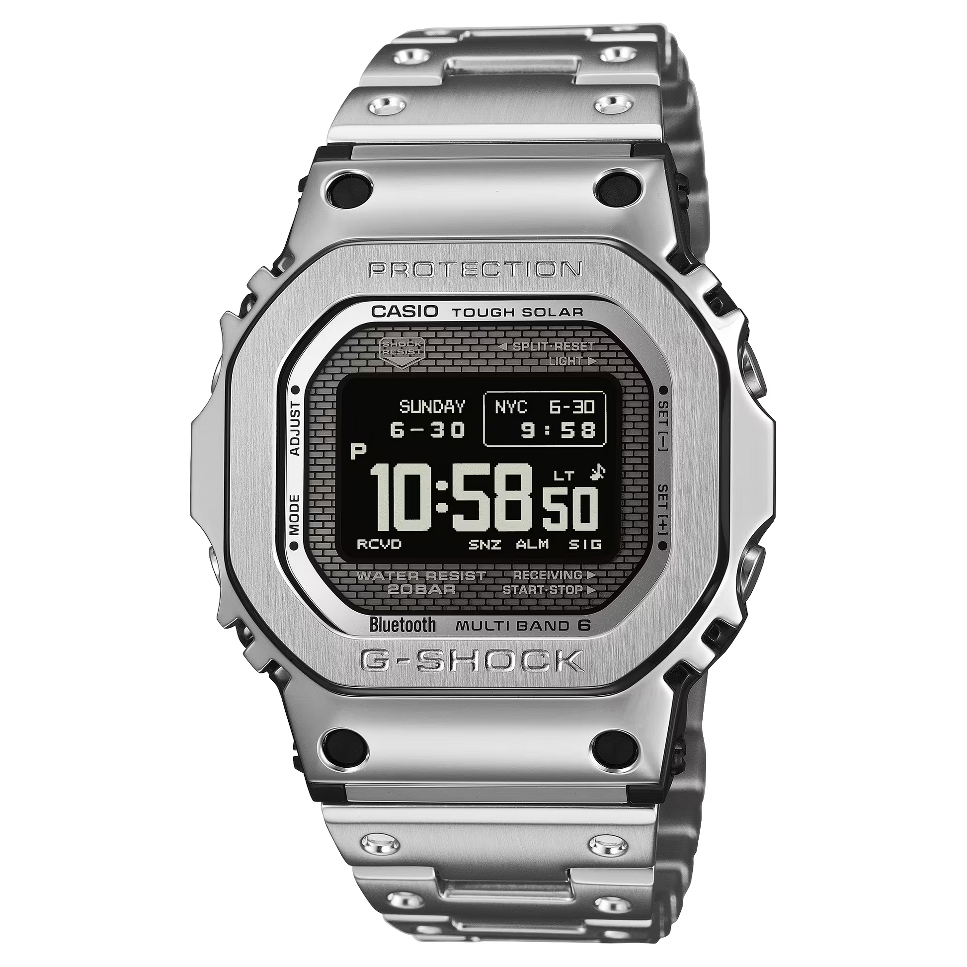 Casio G-SHOCK Full Metal 5000 Series GMW-BZ5000D-1 in stainless steel – full-metal shock-resistant structure, high-contrast MIP LCD, Tough Solar, Bluetooth, Multiband 6, and modern generative-inspired case design.