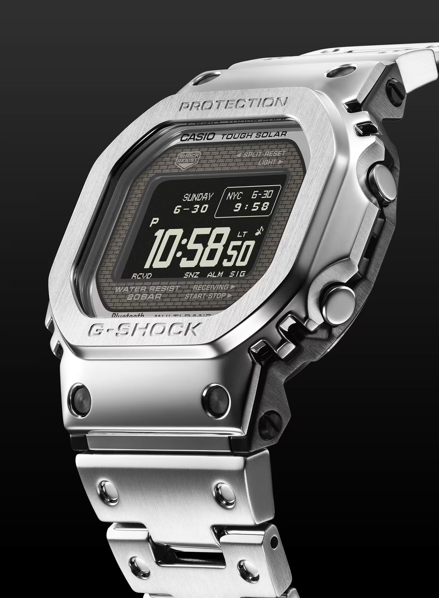 Casio G-SHOCK Full Metal 5000 Series GMW-BZ5000D-1 in stainless steel – full-metal shock-resistant structure, high-contrast MIP LCD, Tough Solar, Bluetooth, Multiband 6, and modern generative-inspired case design.