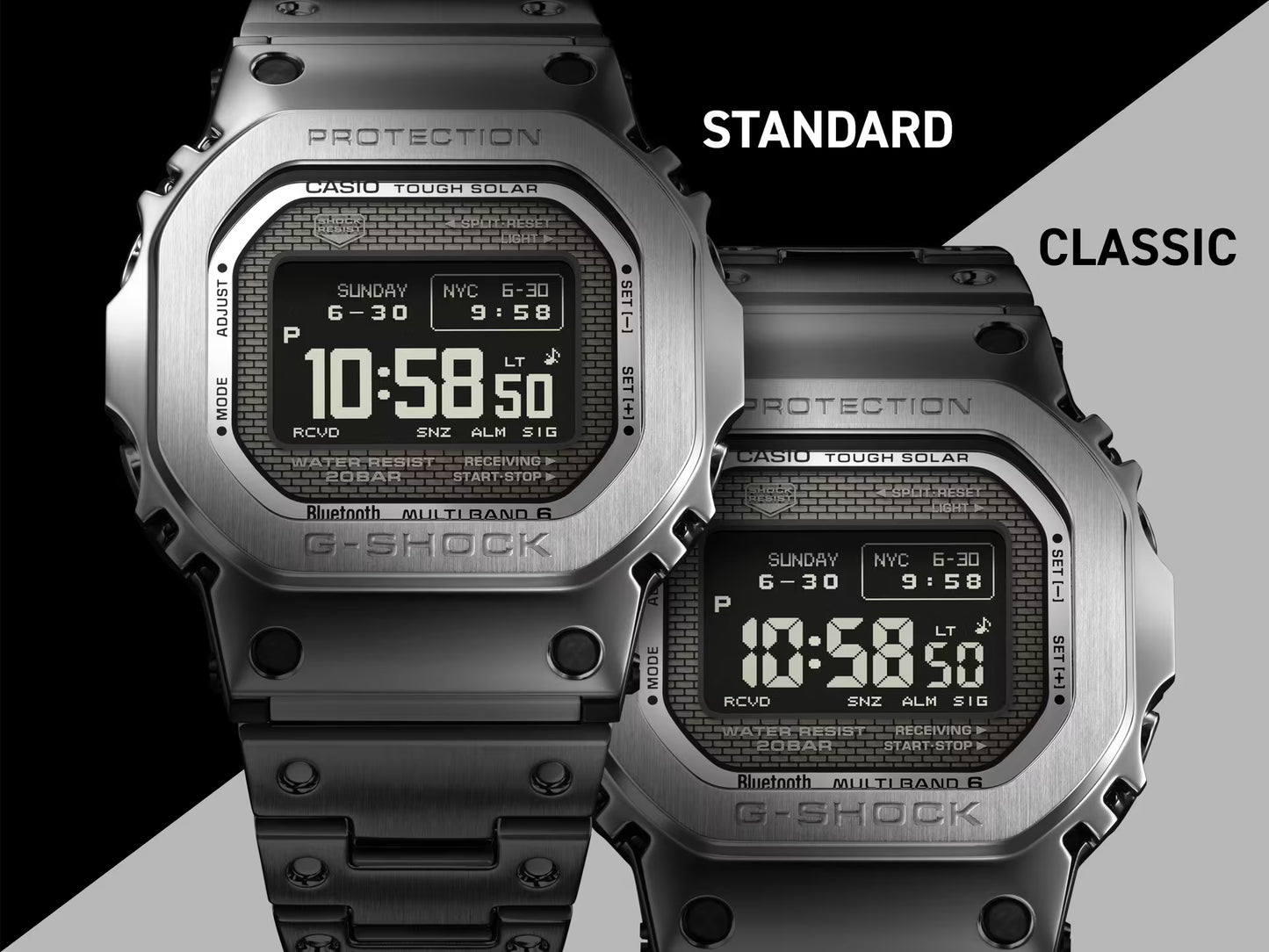 Casio G-SHOCK Full Metal 5000 Series GMW-BZ5000D-1 in stainless steel – full-metal shock-resistant structure, high-contrast MIP LCD, Tough Solar, Bluetooth, Multiband 6, and modern generative-inspired case design.