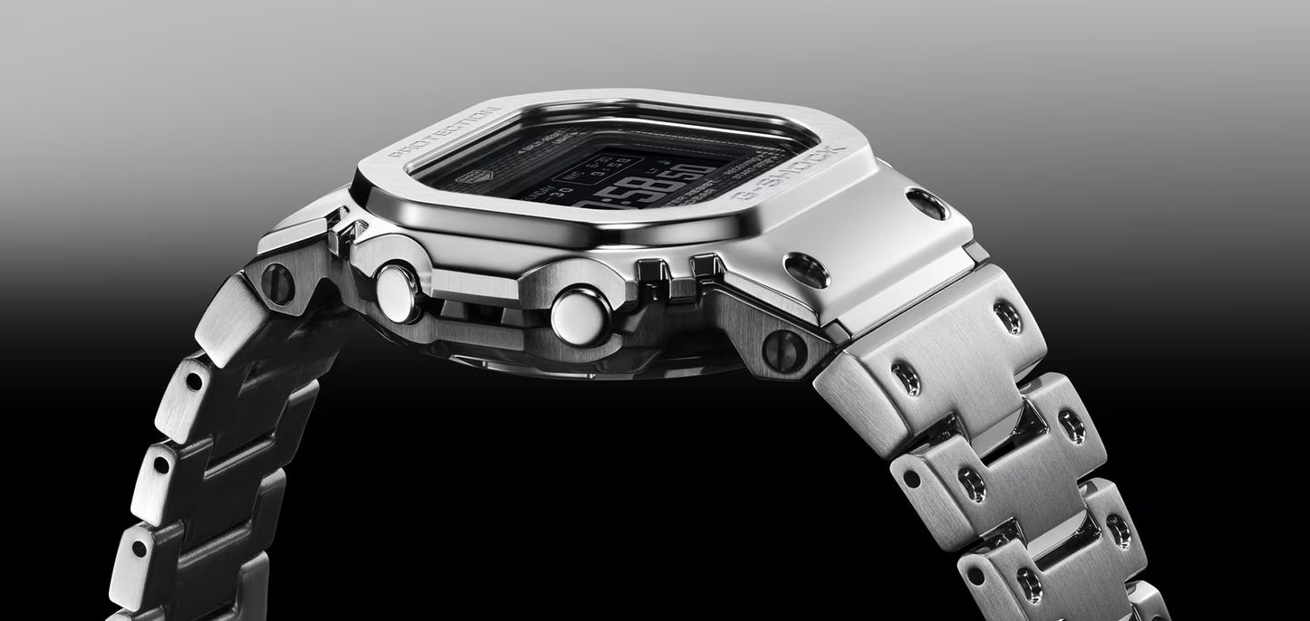 Casio G-SHOCK Full Metal 5000 Series GMW-BZ5000D-1 in stainless steel – full-metal shock-resistant structure, high-contrast MIP LCD, Tough Solar, Bluetooth, Multiband 6, and modern generative-inspired case design.