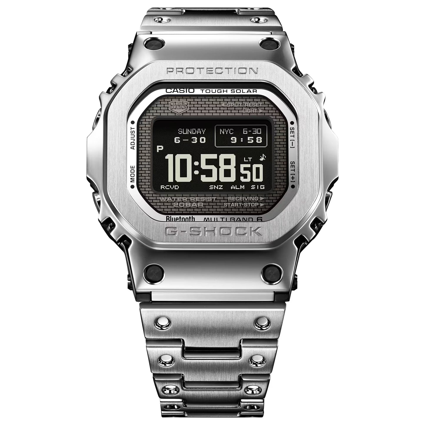 Casio G-SHOCK Full Metal 5000 Series GMW-BZ5000D-1 in stainless steel – full-metal shock-resistant structure, high-contrast MIP LCD, Tough Solar, Bluetooth, Multiband 6, and modern generative-inspired case design.