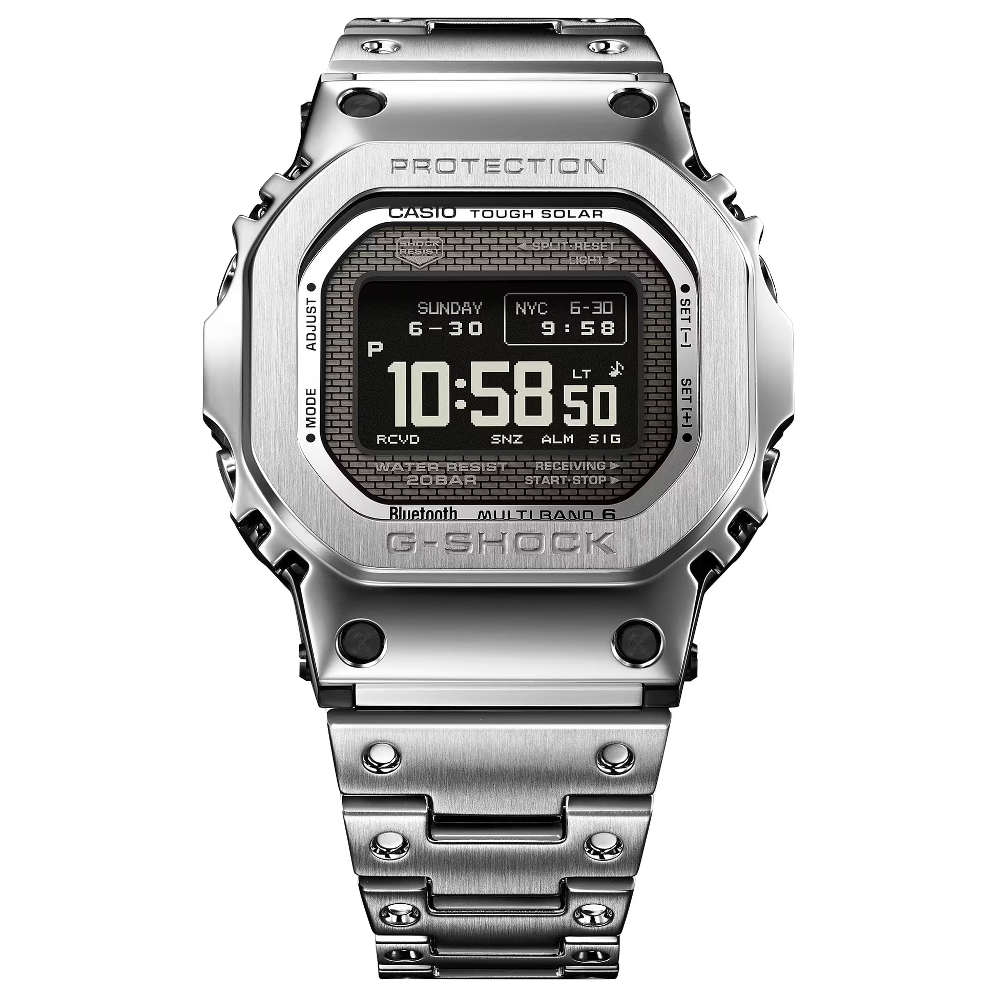 Casio G-SHOCK Full Metal 5000 Series GMW-BZ5000D-1 in stainless steel – full-metal shock-resistant structure, high-contrast MIP LCD, Tough Solar, Bluetooth, Multiband 6, and modern generative-inspired case design.