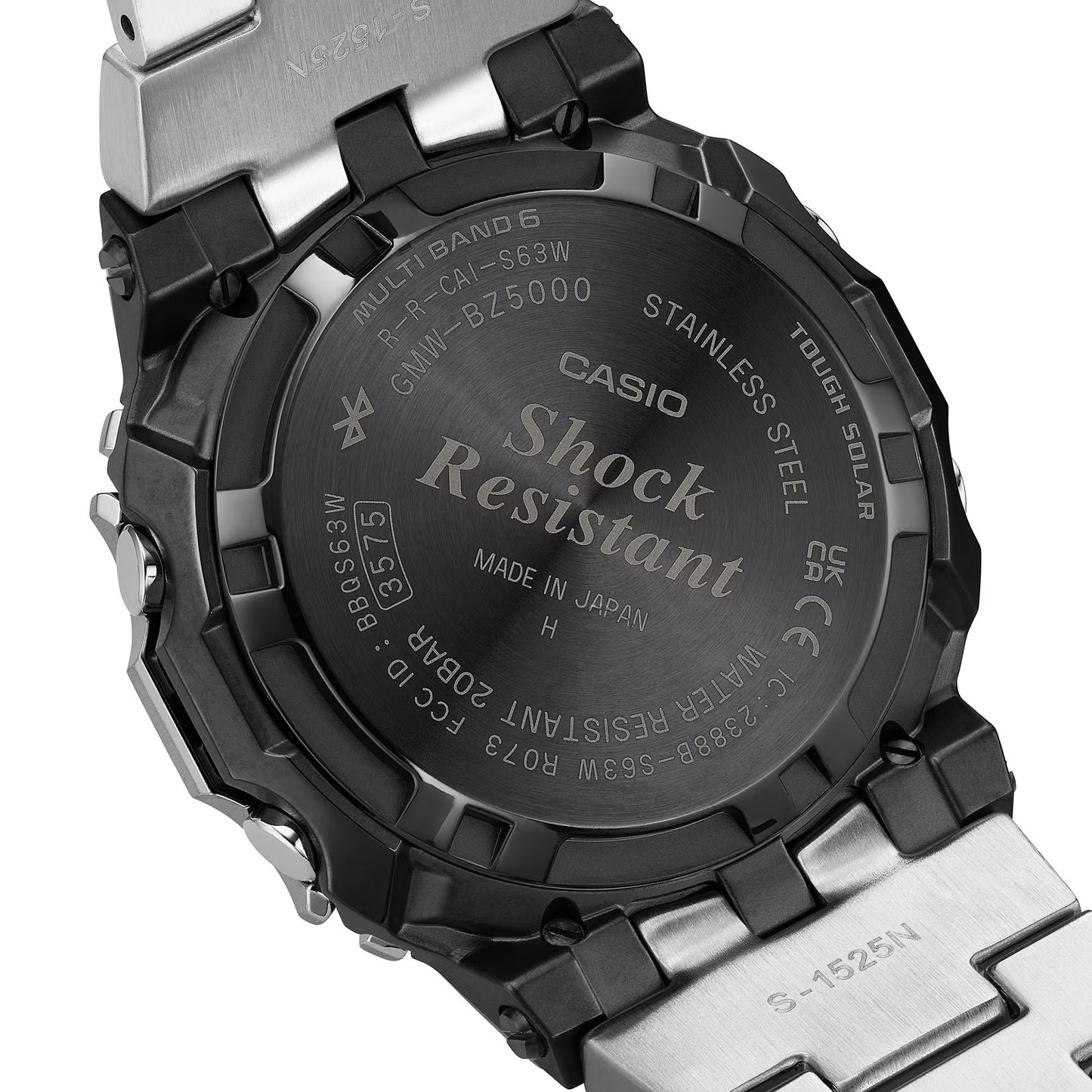 Back view of a Casio watch with 'Shock Resistant' text on a white background
