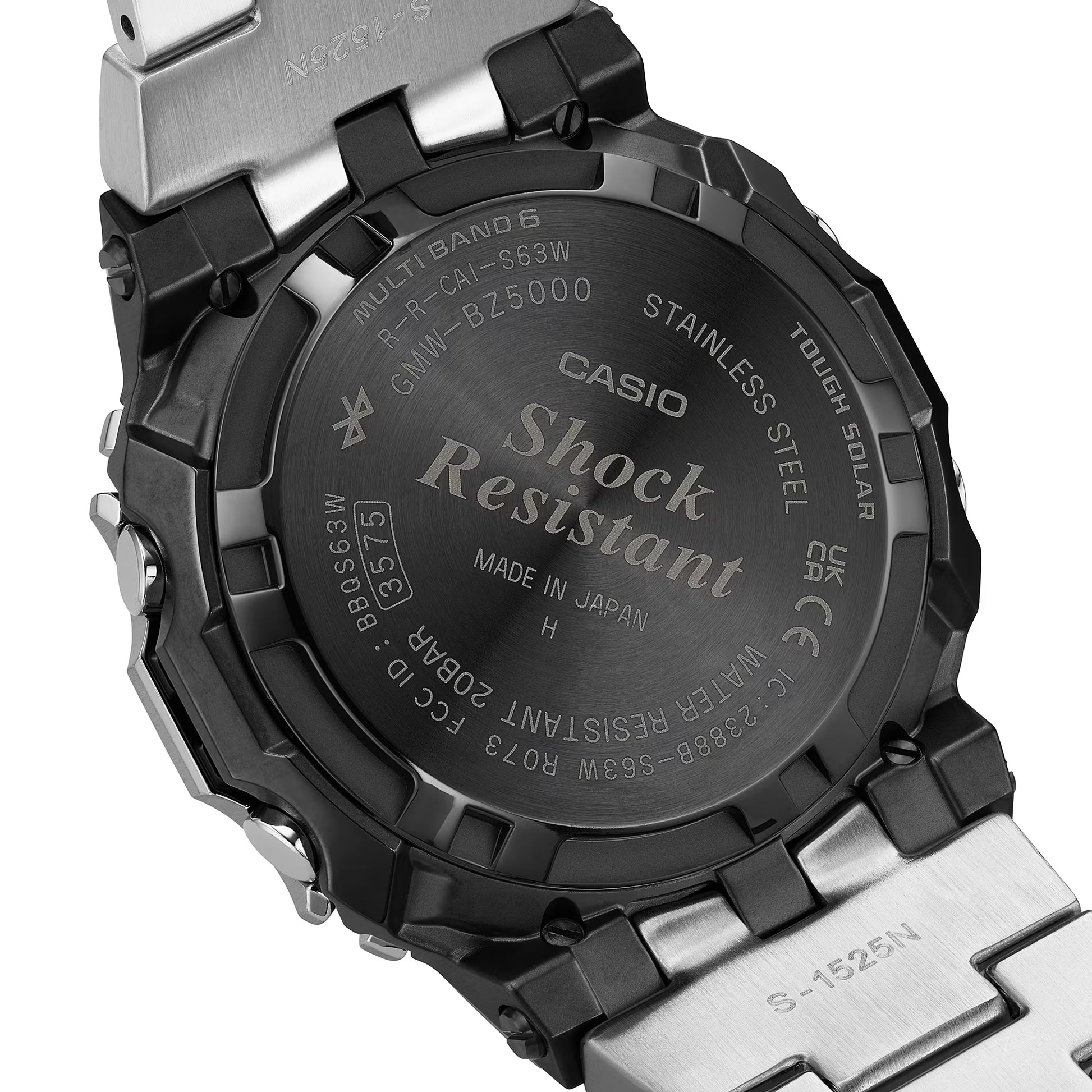Back view of a Casio watch with 'Shock Resistant' text on a white background
