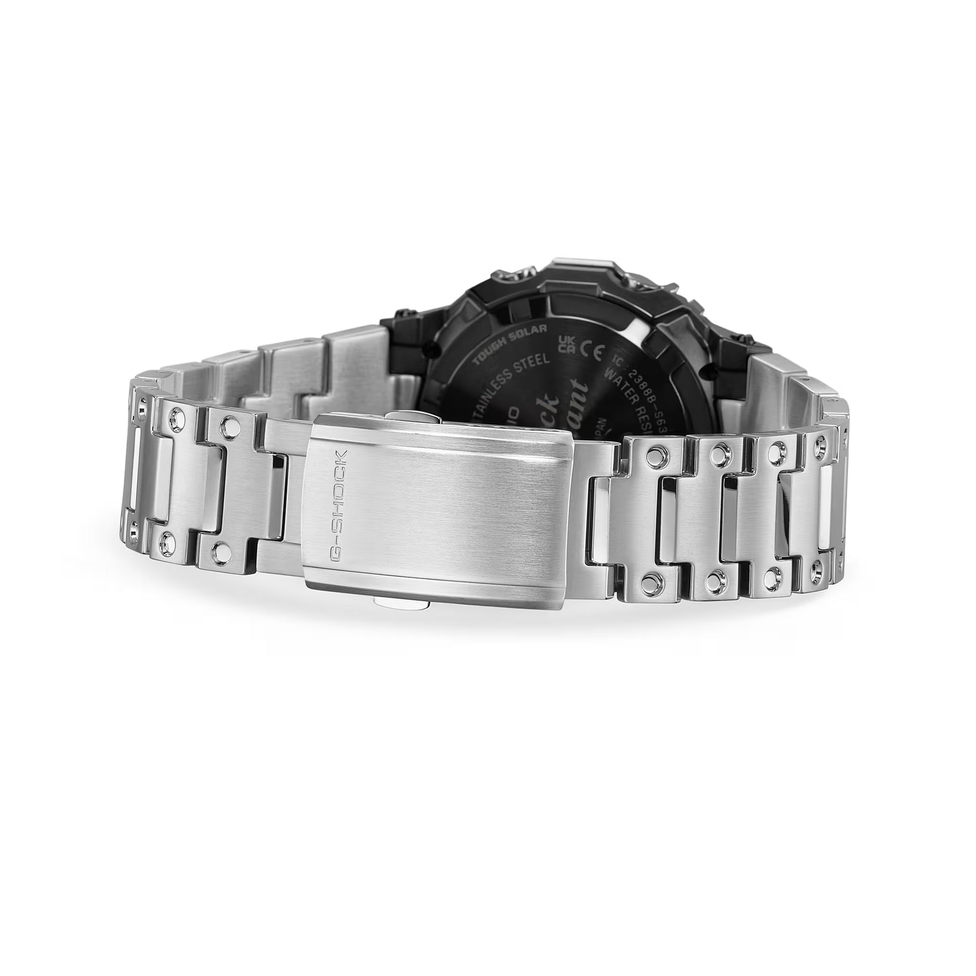 G-Shock watch with metallic band on a white background