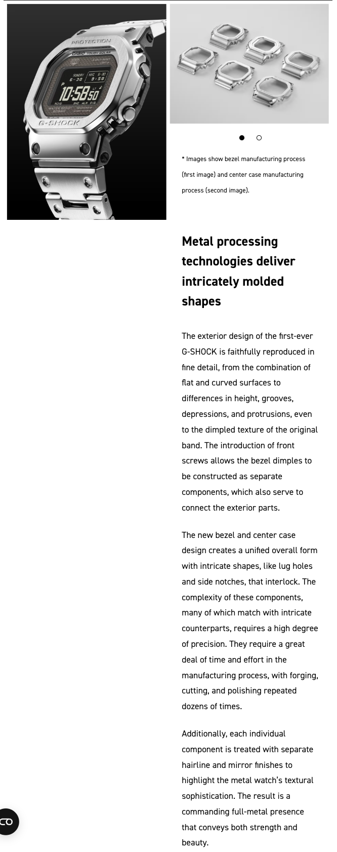 Metal watch with intricate design and text about metal processing technologies.