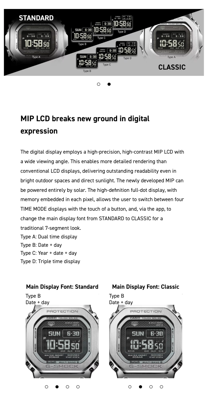 Digital watch display with MIP LCD technology and text explaining its features.
