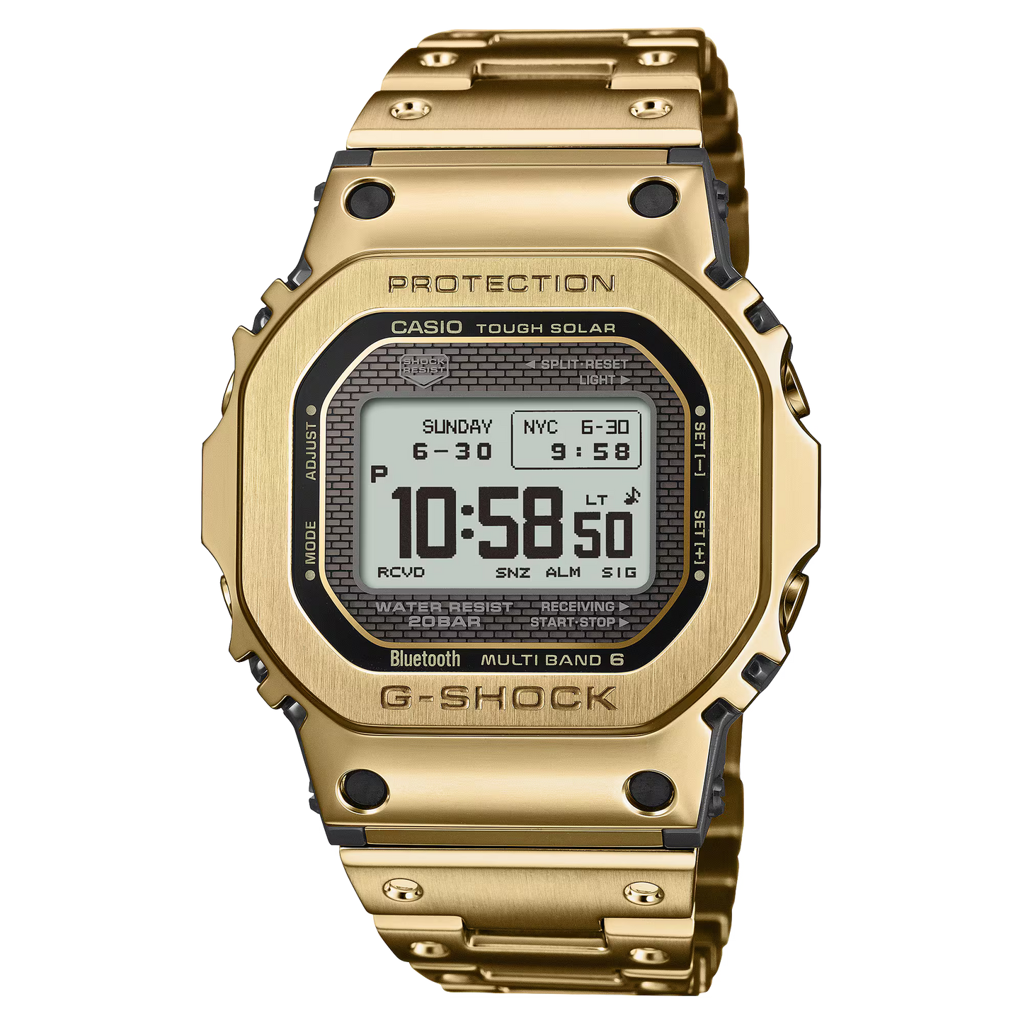 Casio G-SHOCK Full Metal 5000 Series GMW-BZ5000GD-9 in gold ion-plated stainless steel – advanced full-metal shock-resistant structure, high-contrast MIP LCD, Tough Solar, Bluetooth, and Multiband 6.