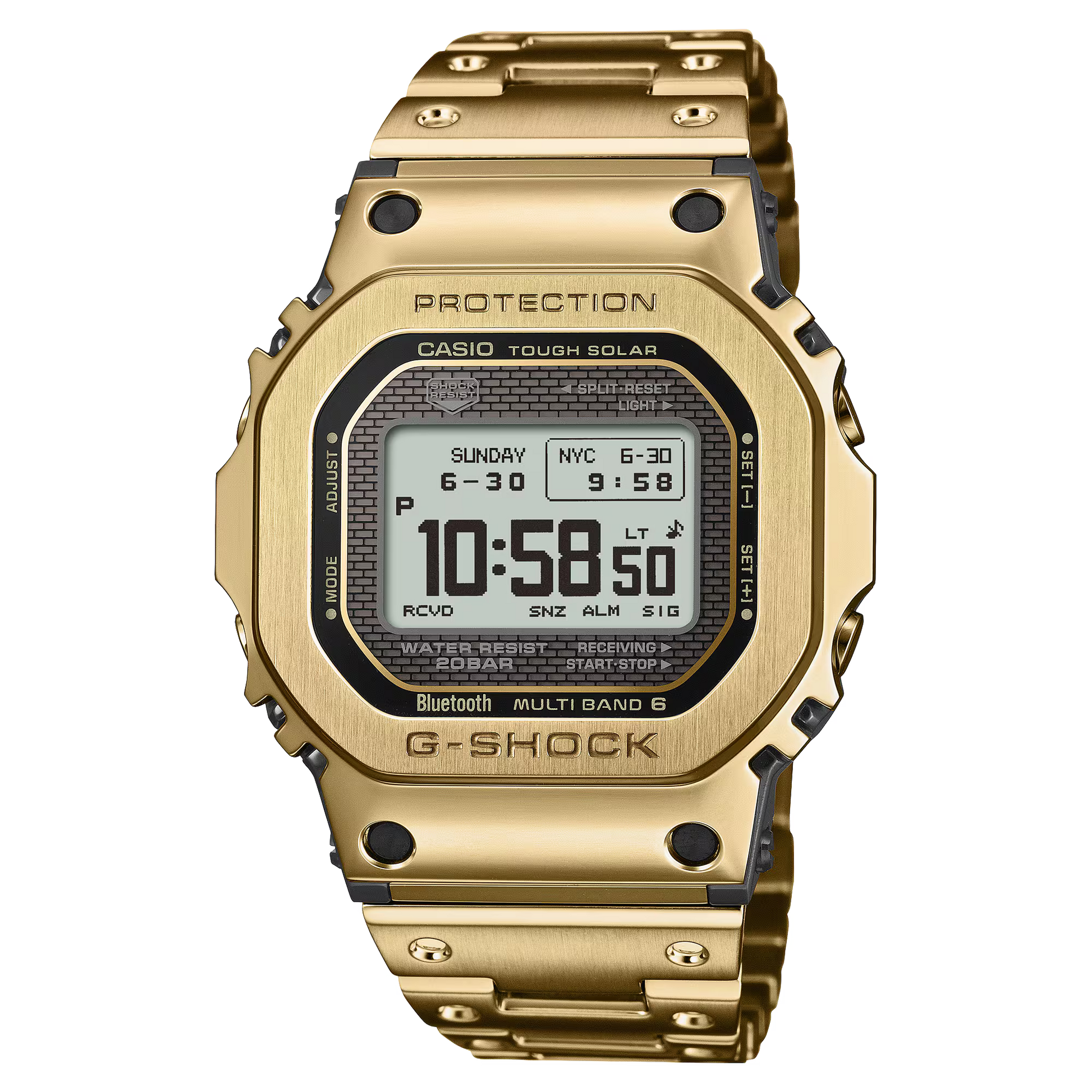 Casio G-SHOCK Full Metal 5000 Series GMW-BZ5000GD-9 in gold ion-plated stainless steel – advanced full-metal shock-resistant structure, high-contrast MIP LCD, Tough Solar, Bluetooth, and Multiband 6.