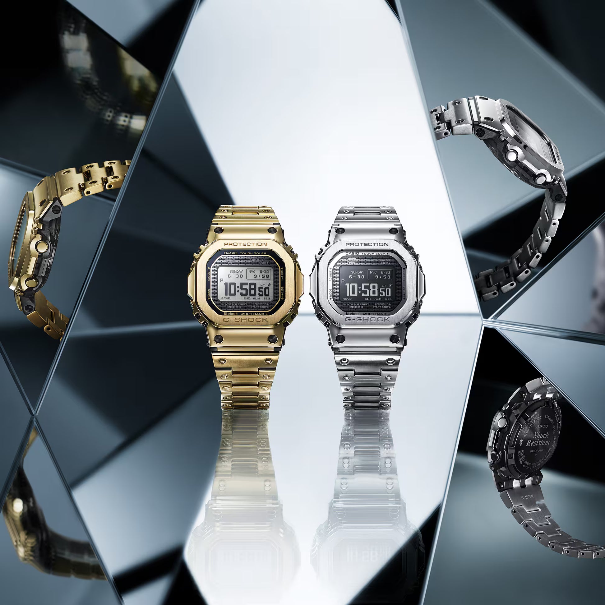 Collage of Casio watches with gold, silver, and black models on a reflective surface.
