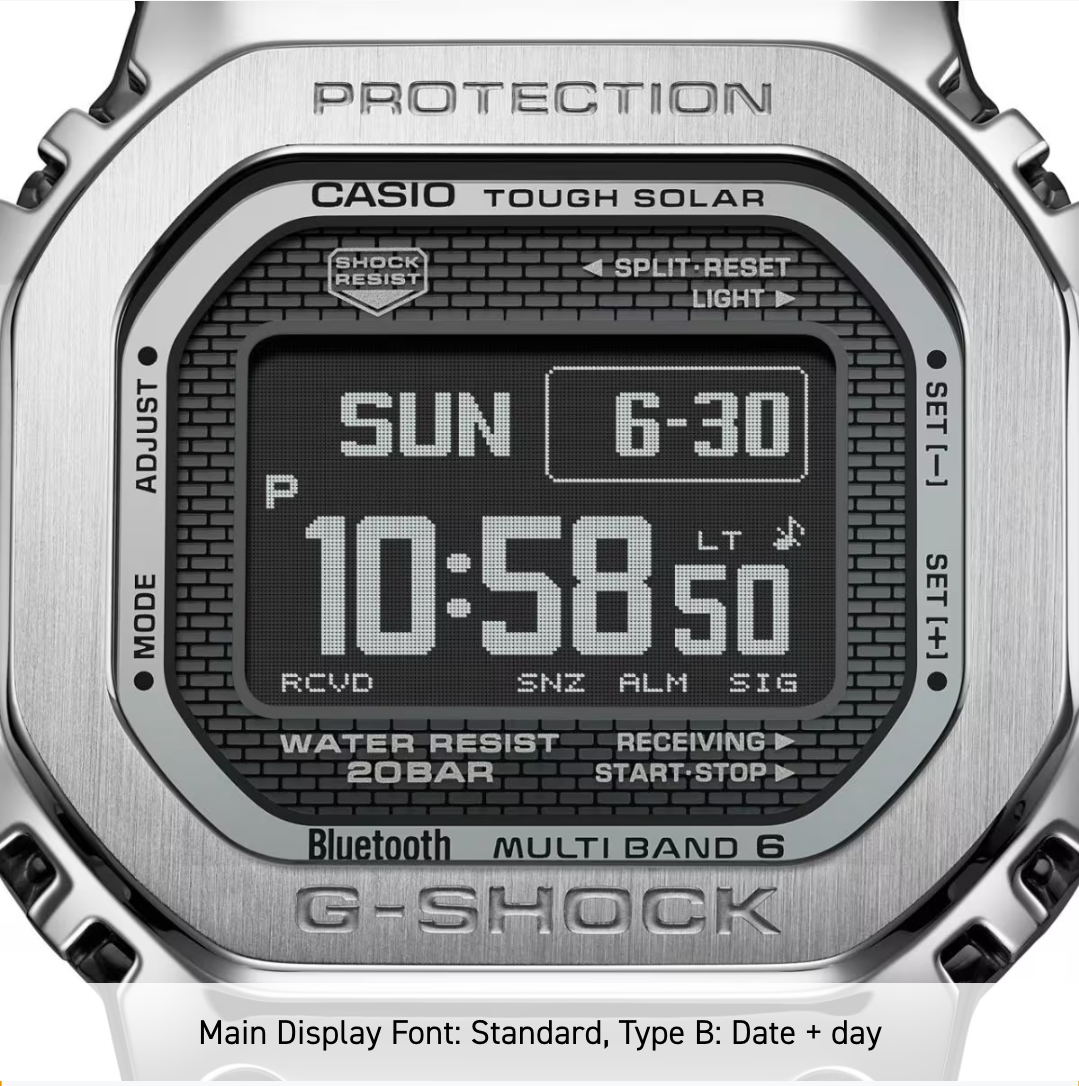 Casio G-Shock digital watch with metallic case and display showing time and date.