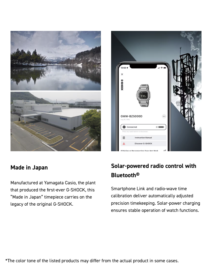 Product advertisement with images of a building, lake, and smartphone displaying a watch app.