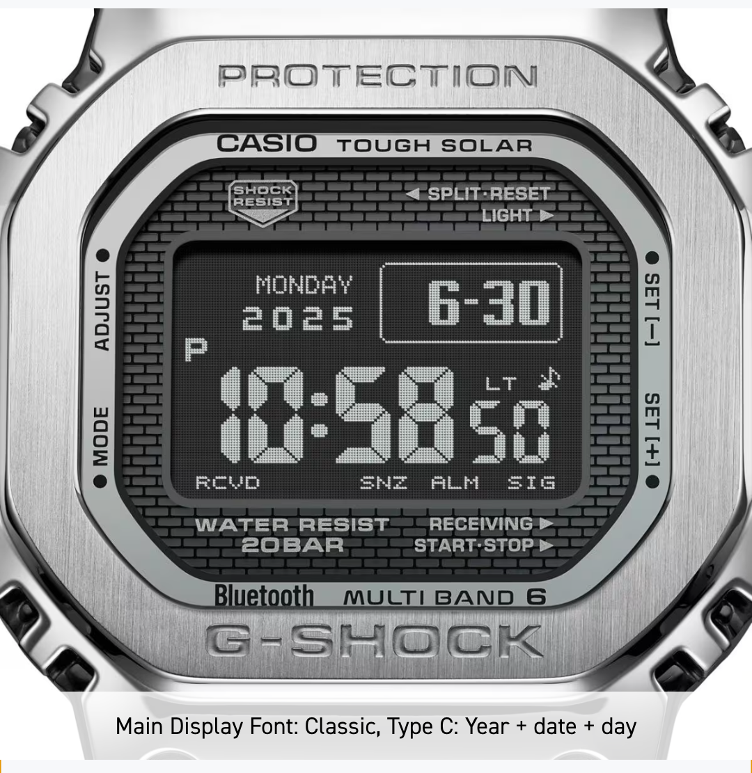 Casio G-Shock digital watch with metallic case and detailed display