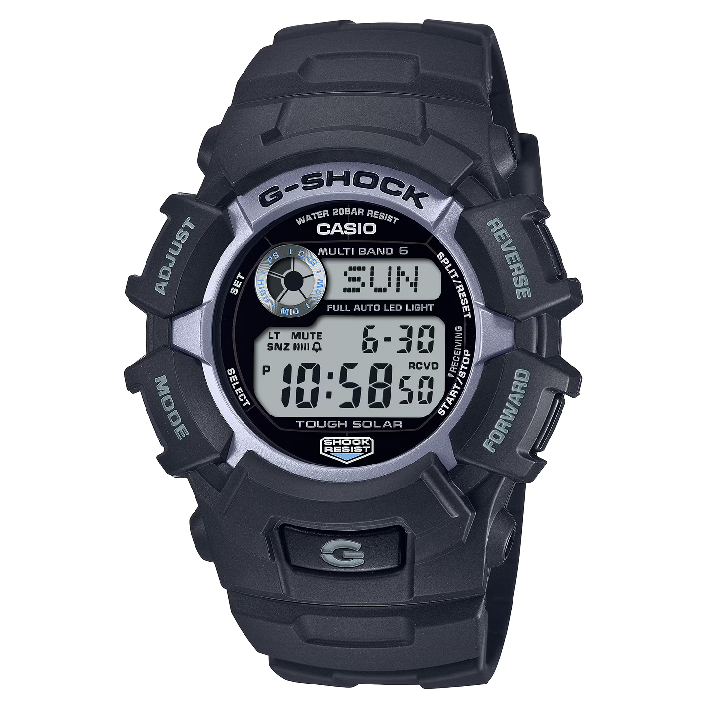 G-SHOCK GW2320FP-1A2 digital watch with black resin case and band, Tough Solar power, Multi Band 6 radio-controlled timekeeping, and 200m water resistance.