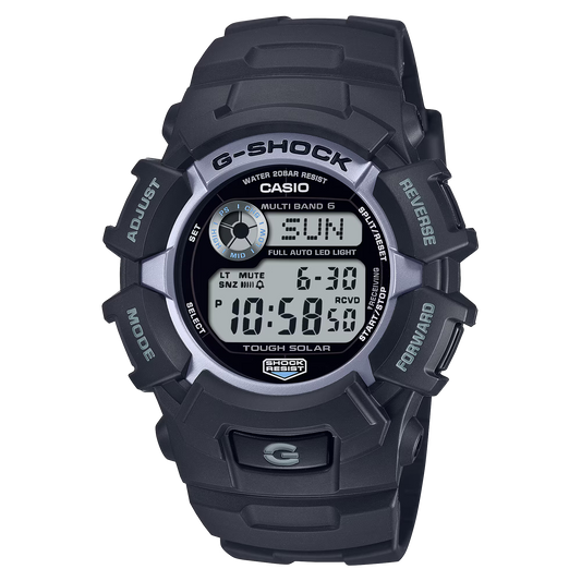 G-SHOCK GW2320FP-1A2 digital watch with black resin case and band, Tough Solar power, Multi Band 6 radio-controlled timekeeping, and 200m water resistance.