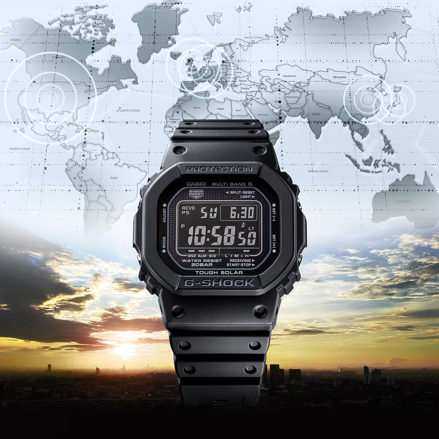 Black digital watch with world map and sunset background