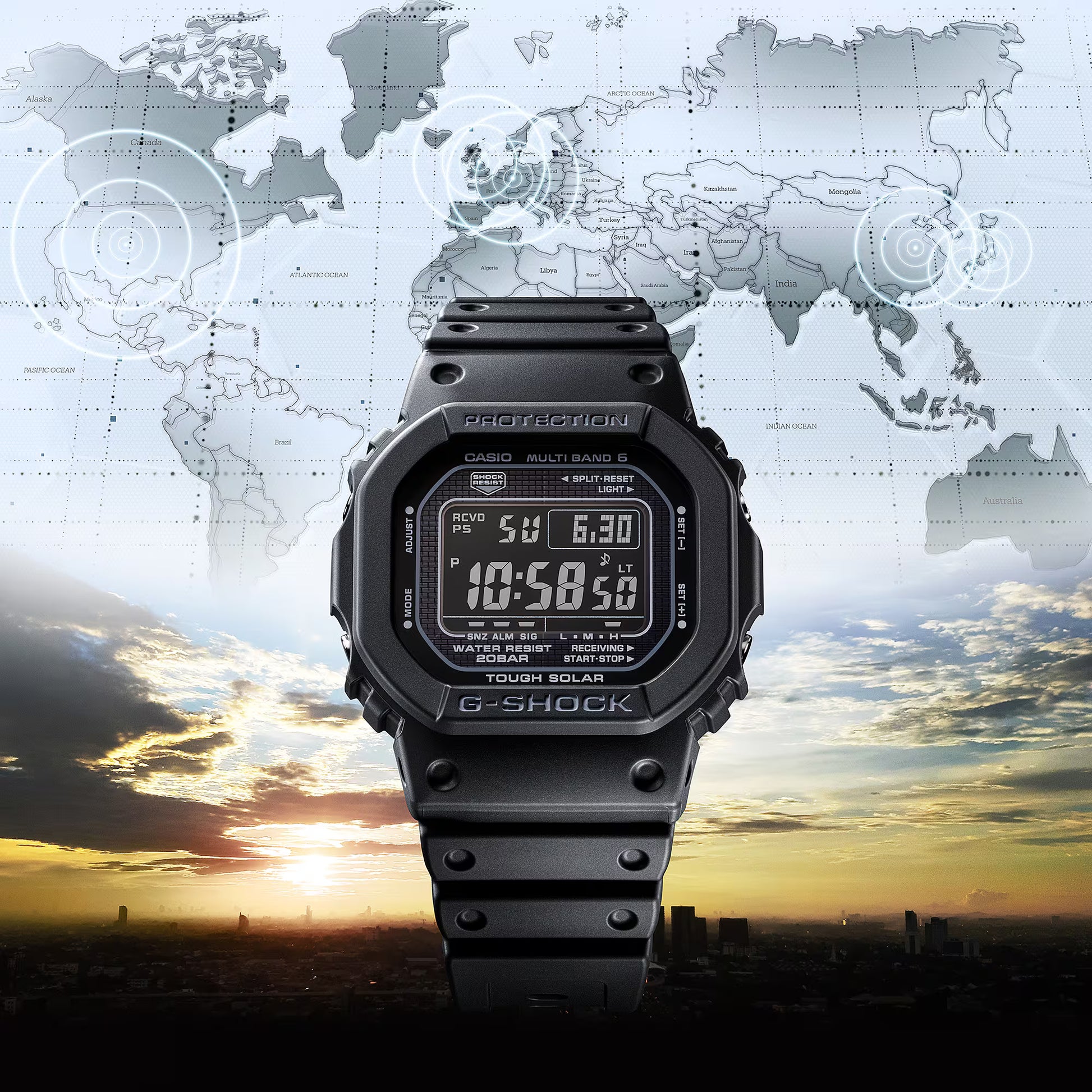 Black digital watch with world map and sunset background