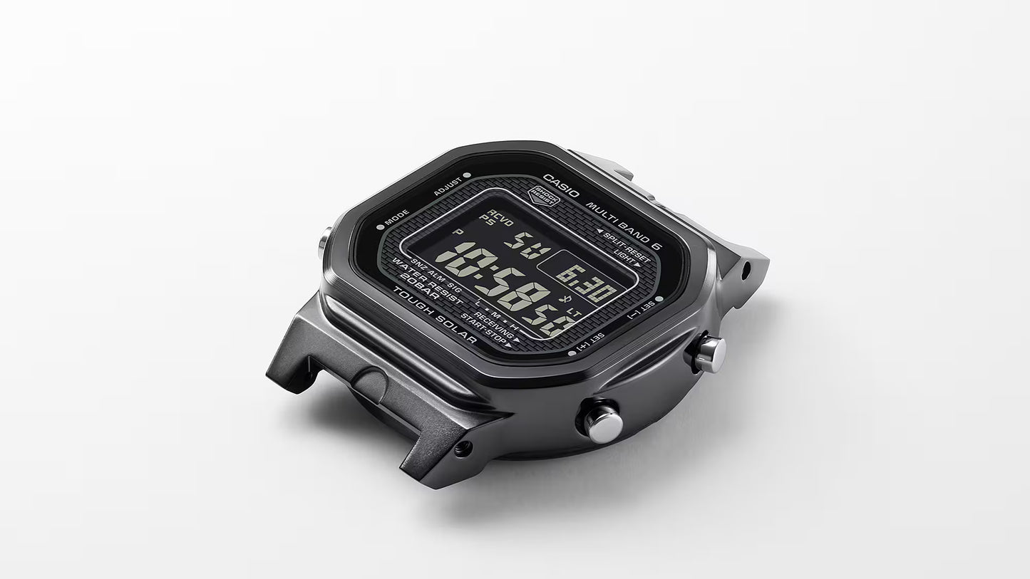 Digital watch with a black casing on a white background