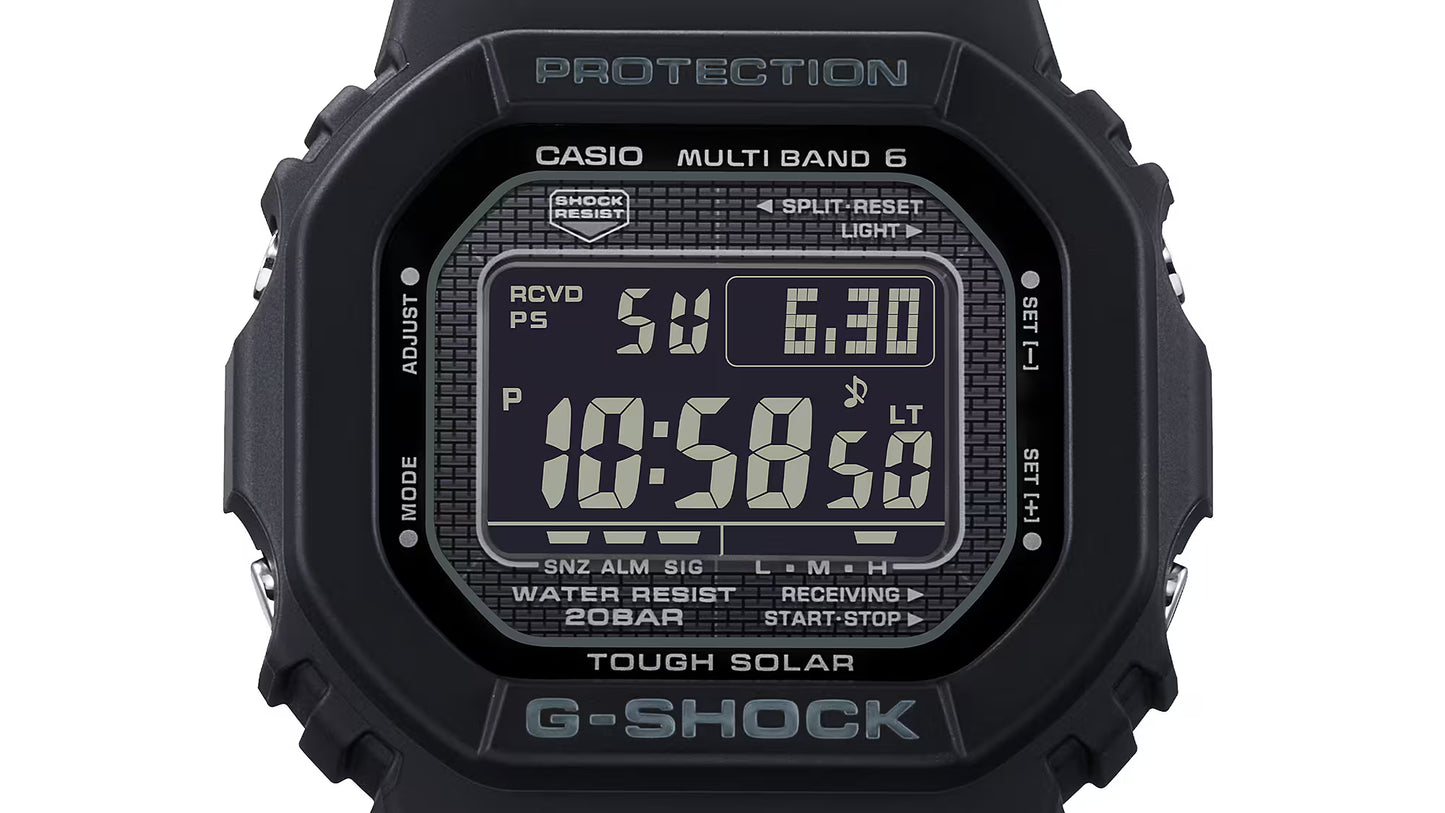 Black Casio G-Shock digital watch on a white background