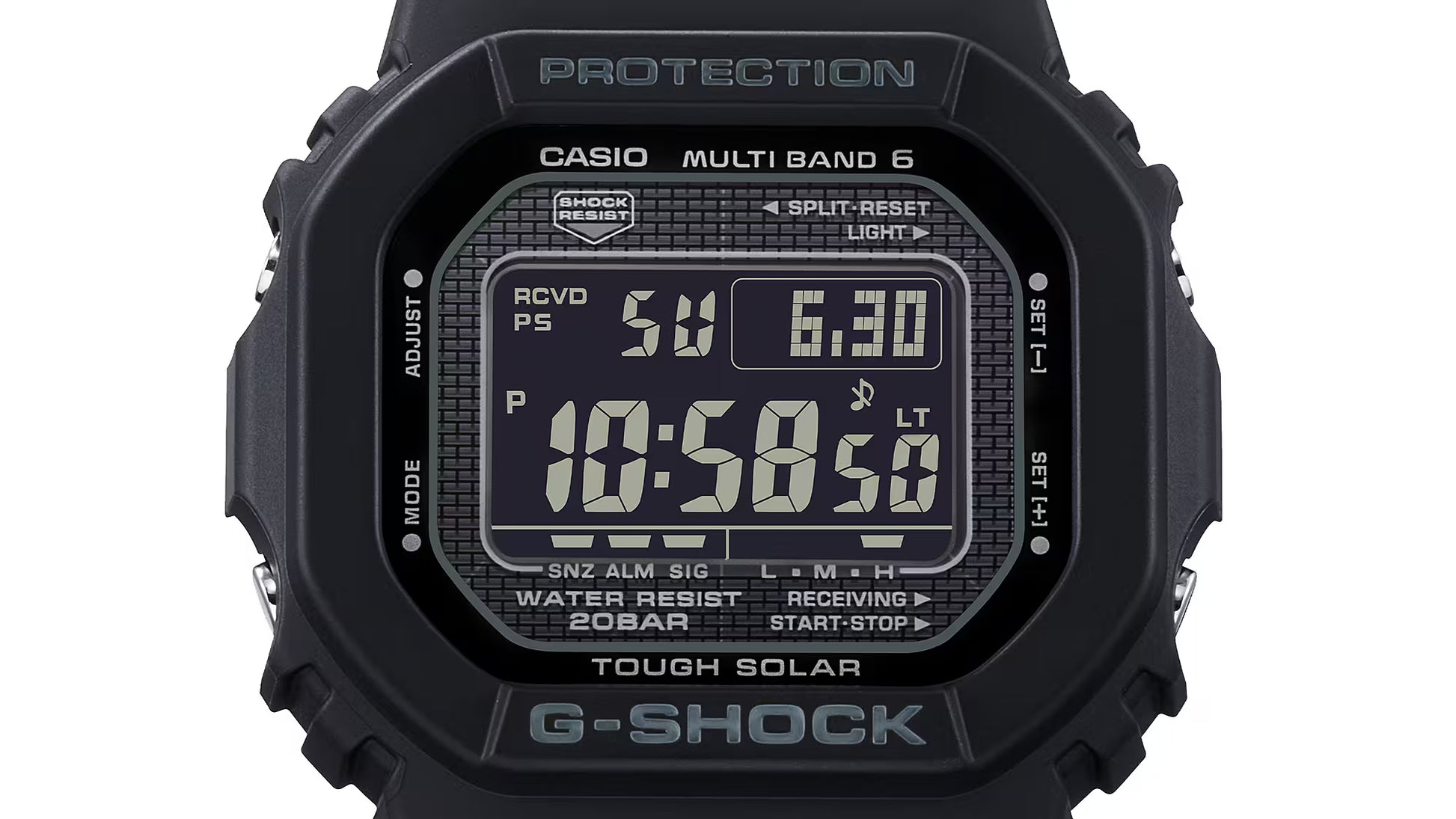 Black Casio G-Shock digital watch on a white background