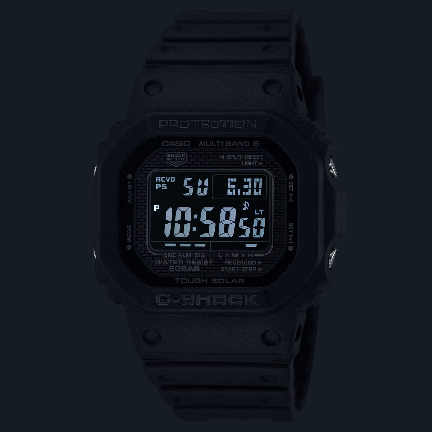 Black Casio G-Shock digital watch on a black background