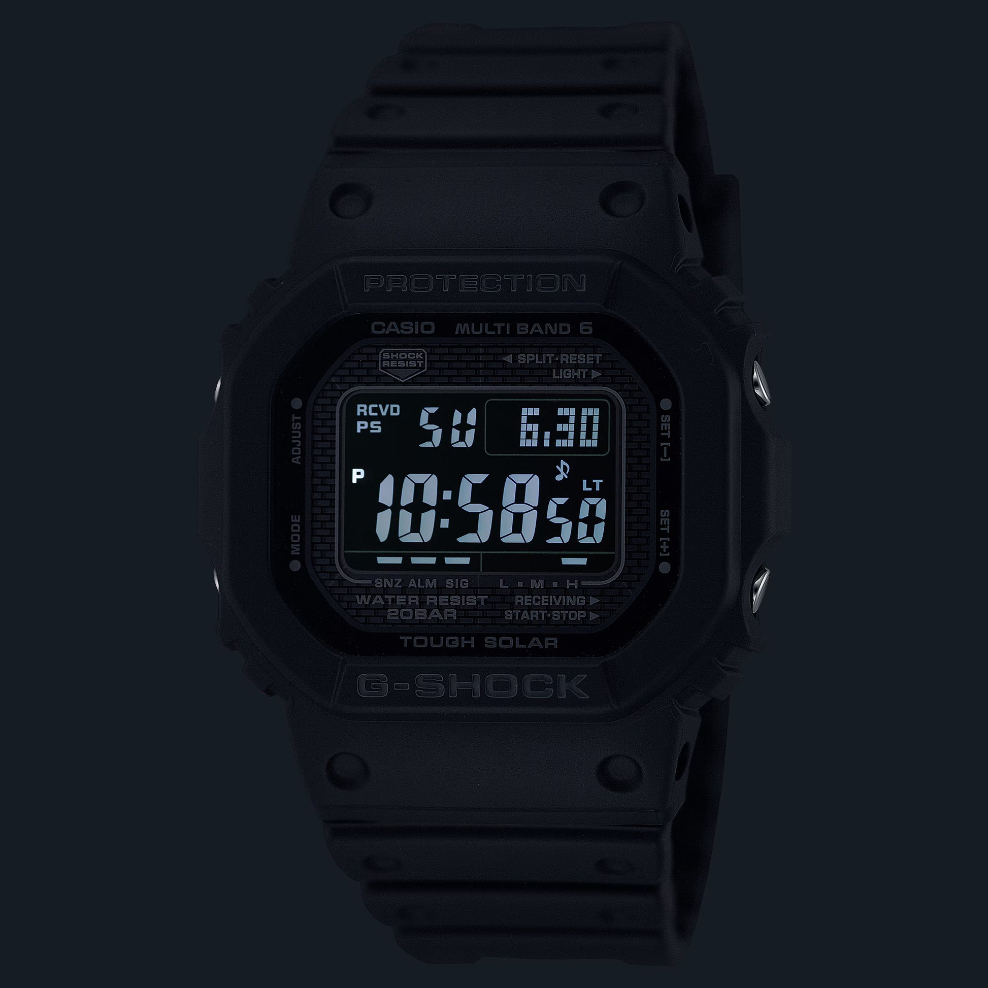 Black Casio G-Shock digital watch on a black background
