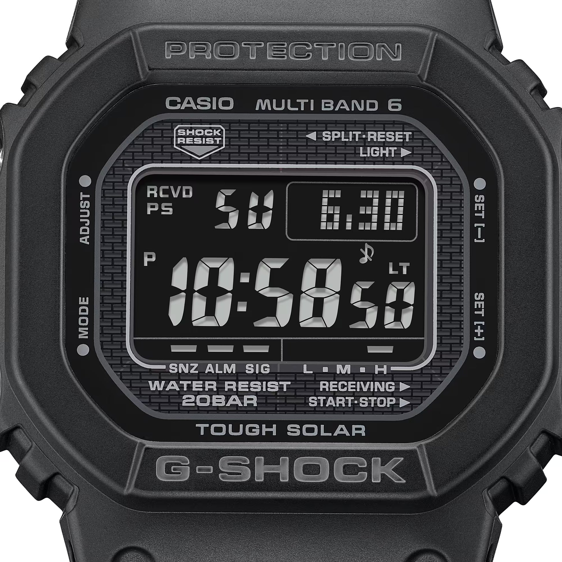 Black Casio G-Shock watch with digital display on a white background