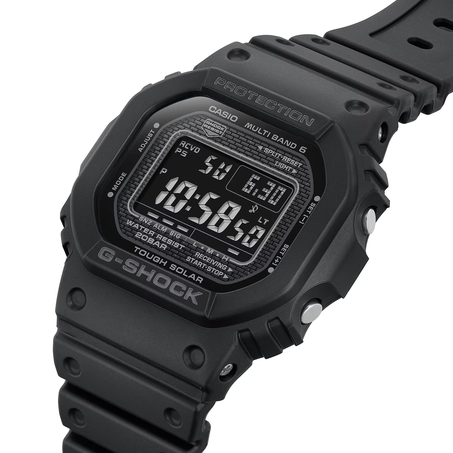Black Casio G-Shock digital watch on a white background