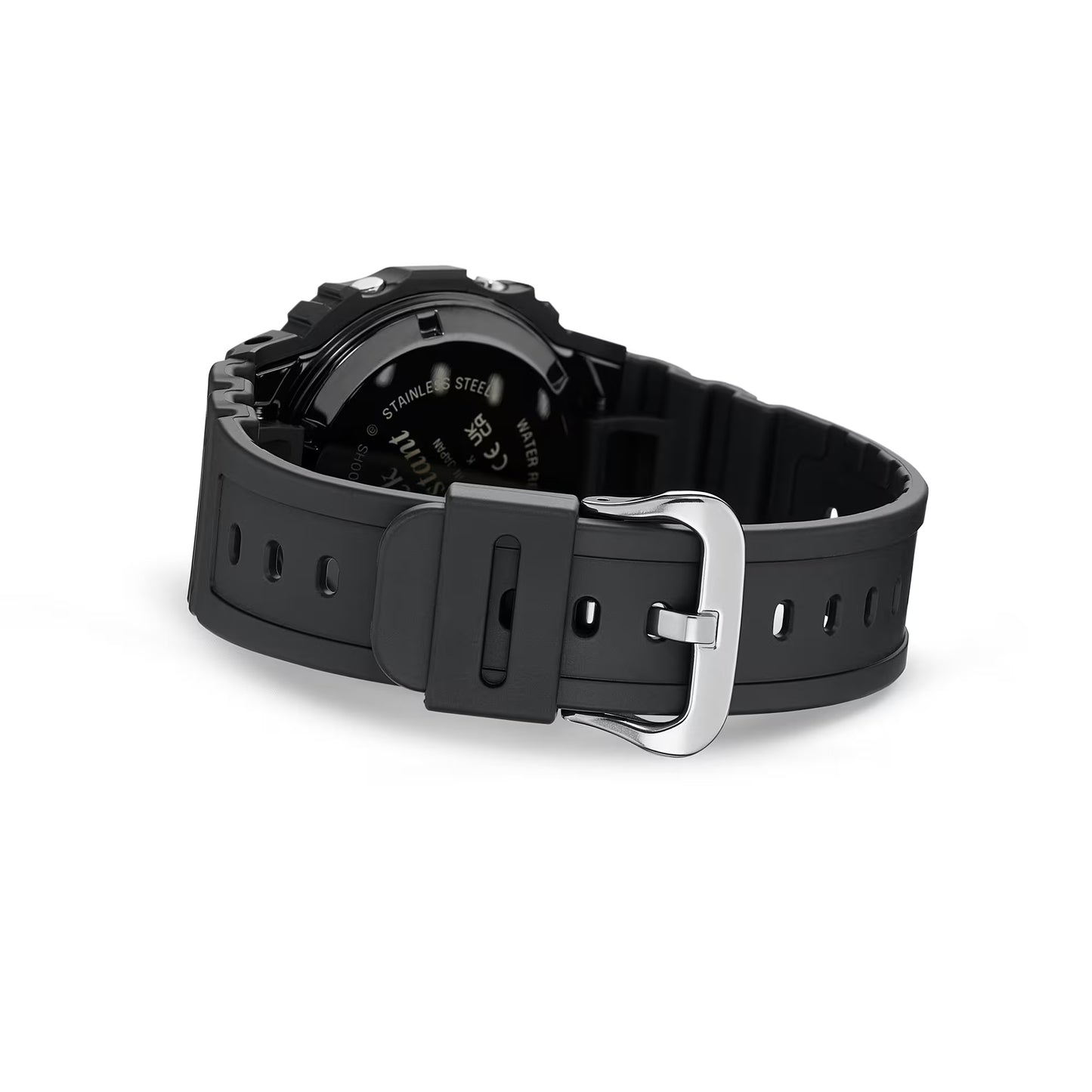 Black watch with a detailed face on a white background