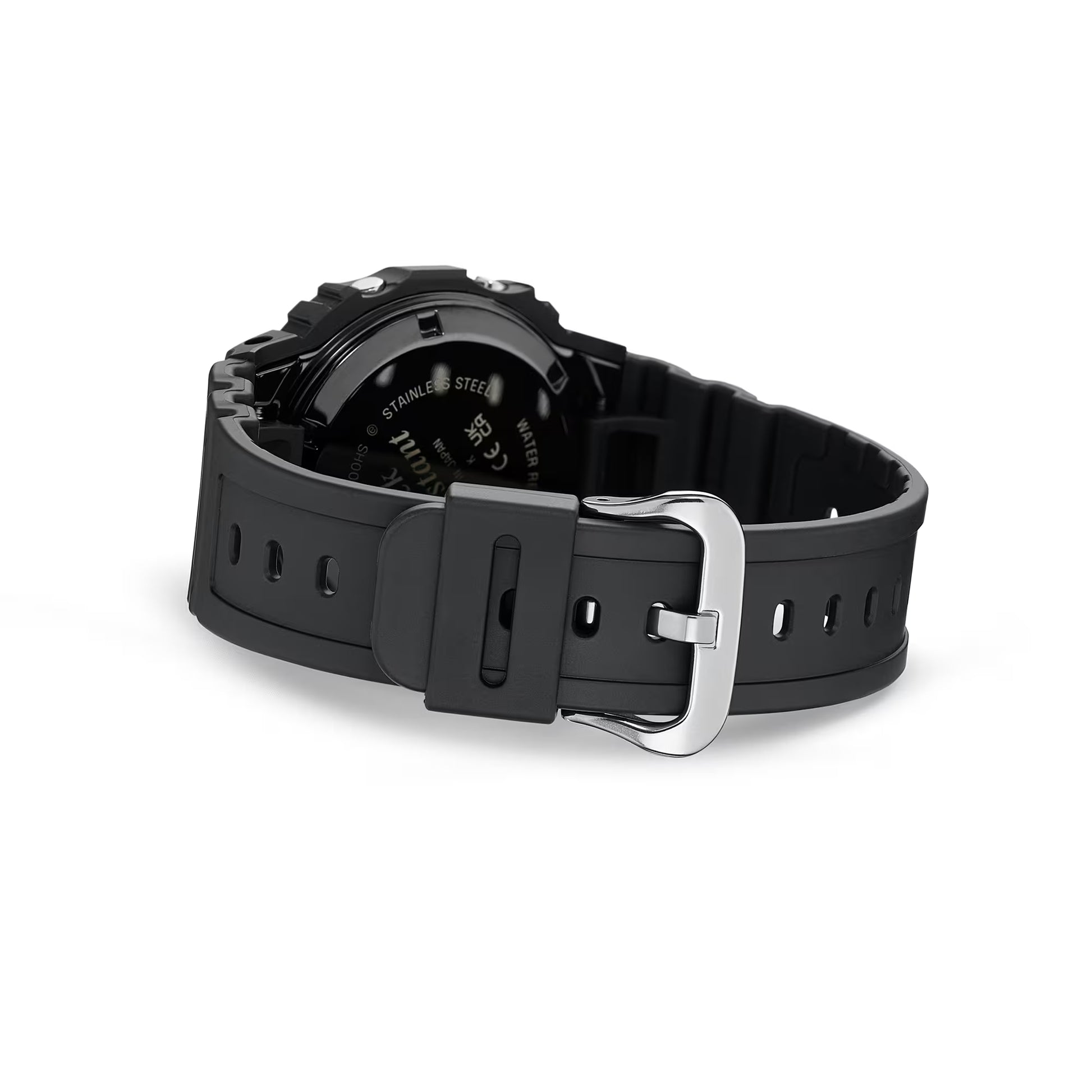 Black watch with a detailed face on a white background