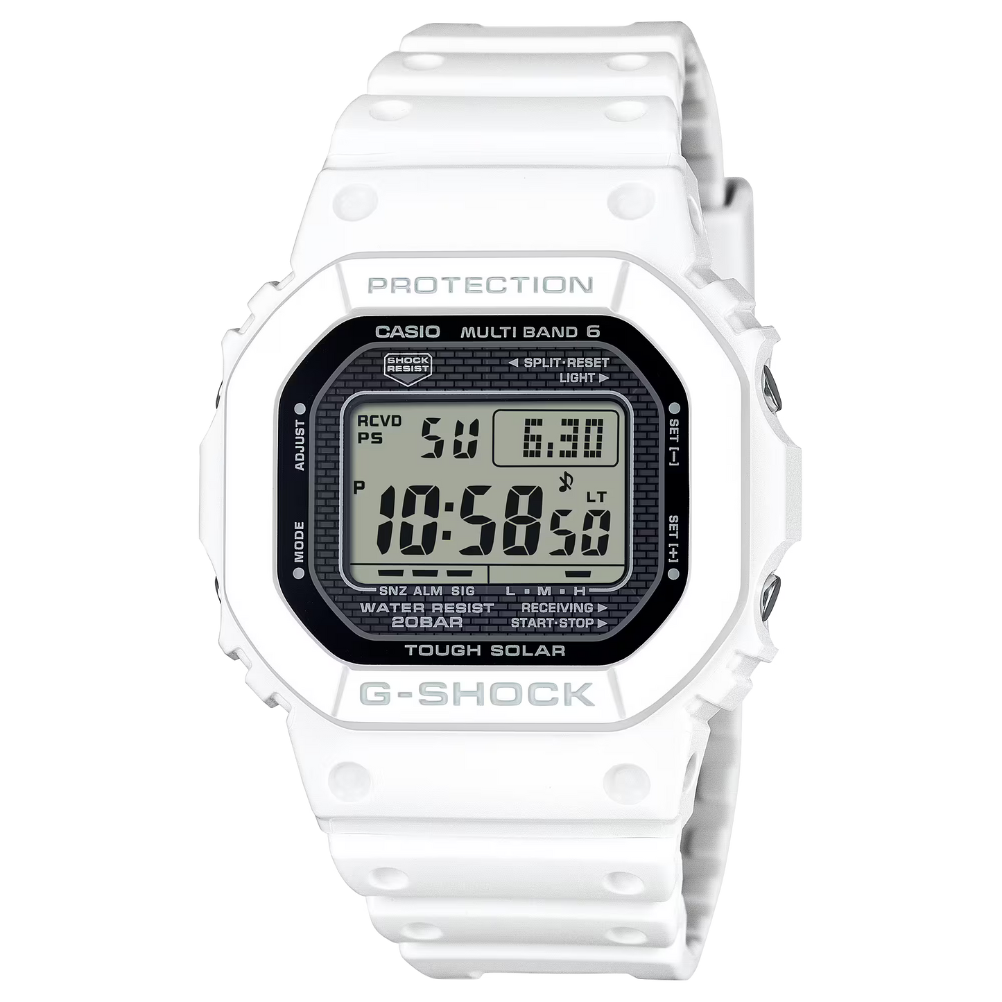 G-SHOCK GW5000HS-7 5000 Series digital watch with stainless steel case, white bio-based resin band, Tough Solar, and Multi Band 6 radio-controlled timekeeping.