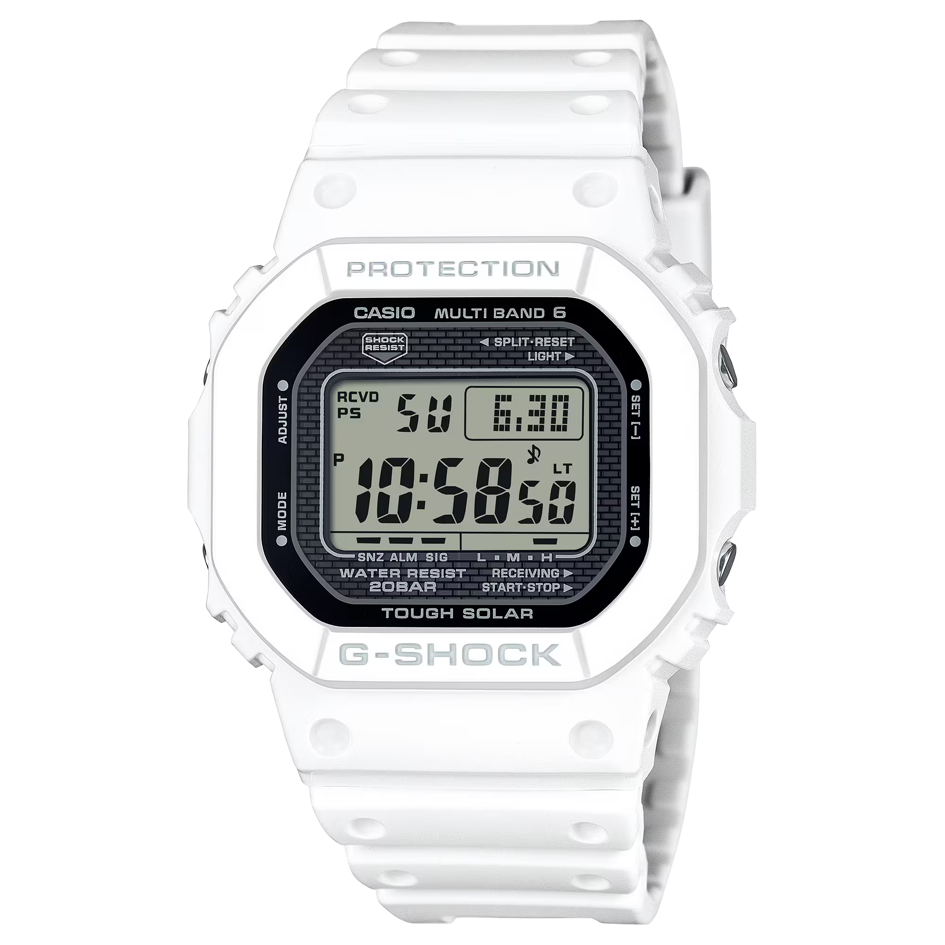 G-SHOCK GW5000HS-7 5000 Series digital watch with stainless steel case, white bio-based resin band, Tough Solar, and Multi Band 6 radio-controlled timekeeping.