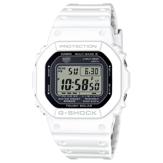 G-SHOCK GW5000HS-7 5000 Series digital watch with stainless steel case, white bio-based resin band, Tough Solar, and Multi Band 6 radio-controlled timekeeping.