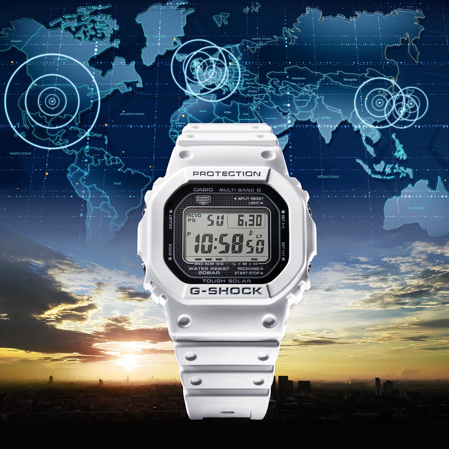 White Casio G-Shock watch with digital display against a world map and sunset background