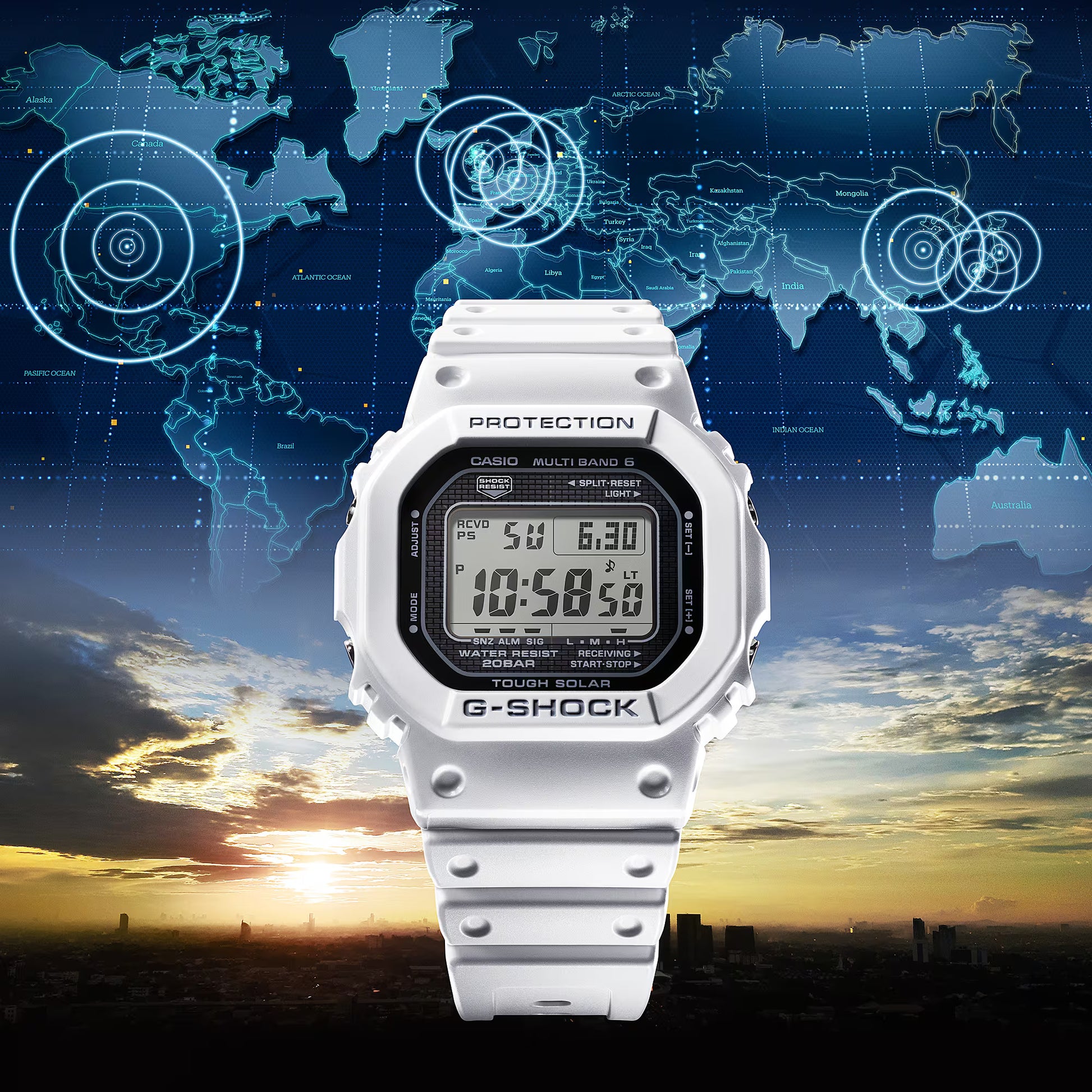 White Casio G-Shock watch with digital display against a world map and sunset background