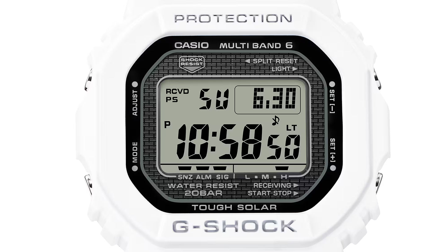 Casio G-Shock digital watch with white casing on a white background