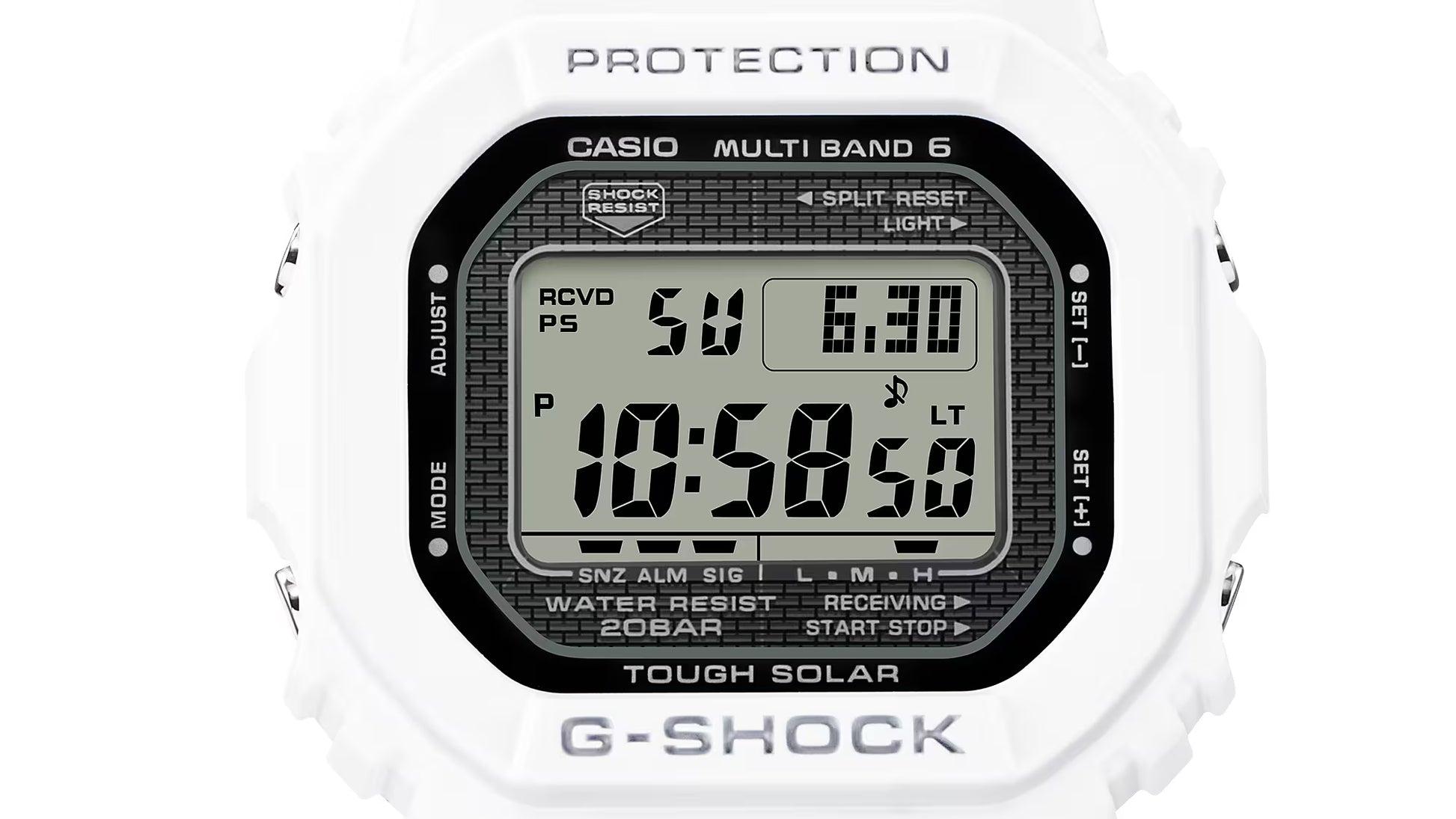Casio G-Shock digital watch with white casing on a white background