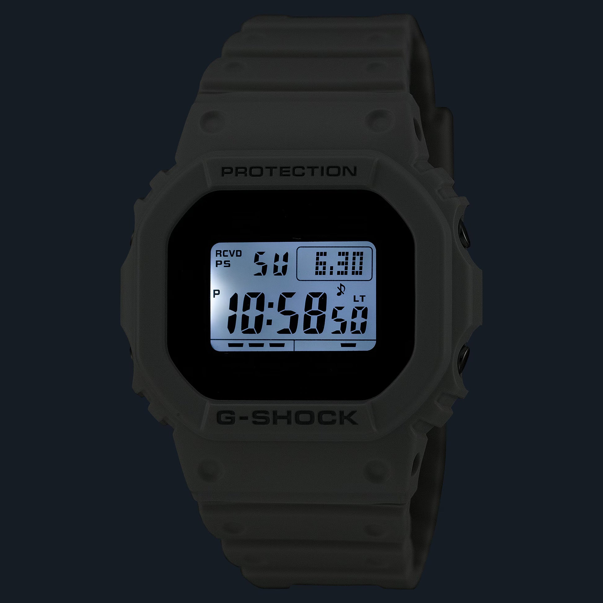 Digital watch with 'G-Shock' branding on a black background