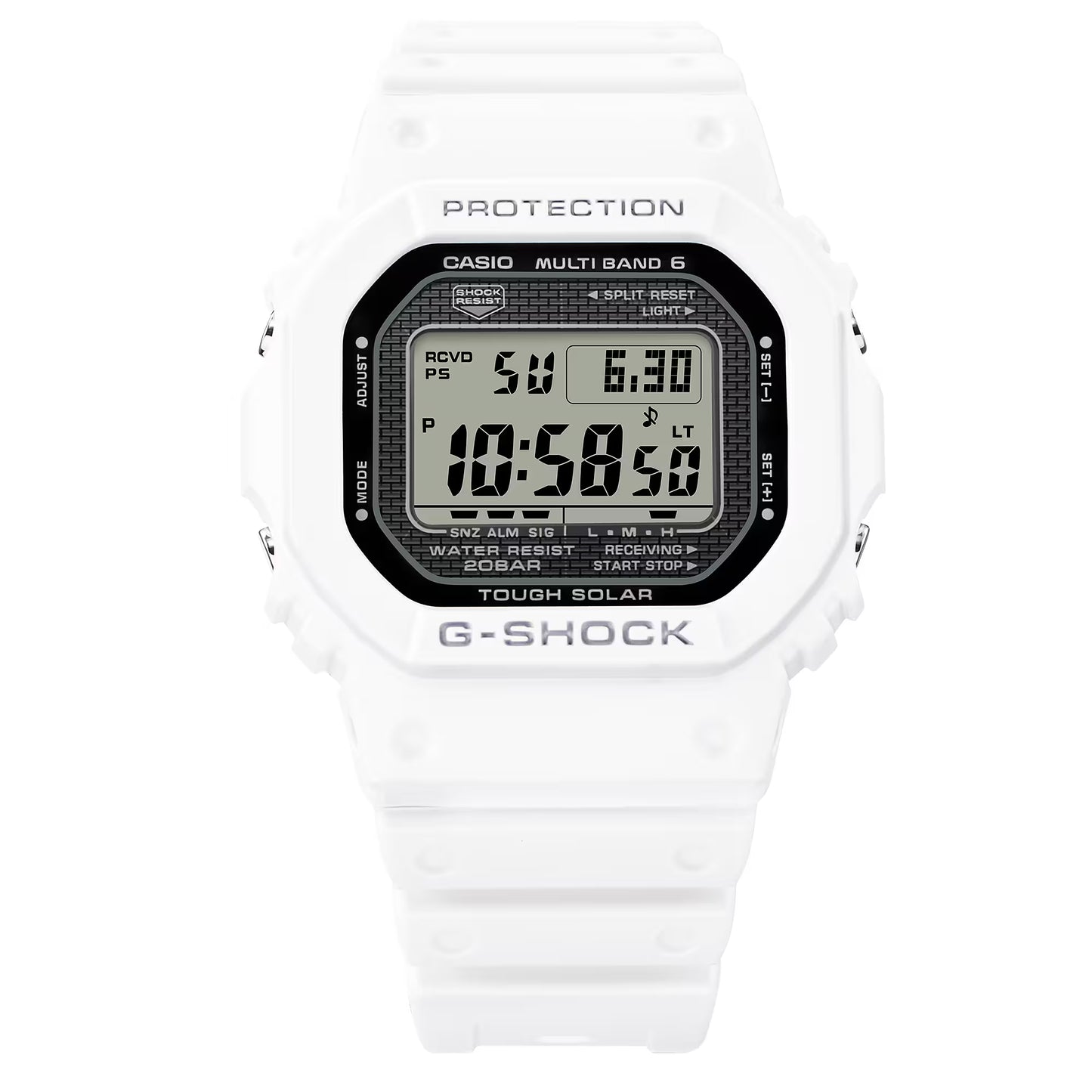 White Casio G-Shock digital watch on a white background