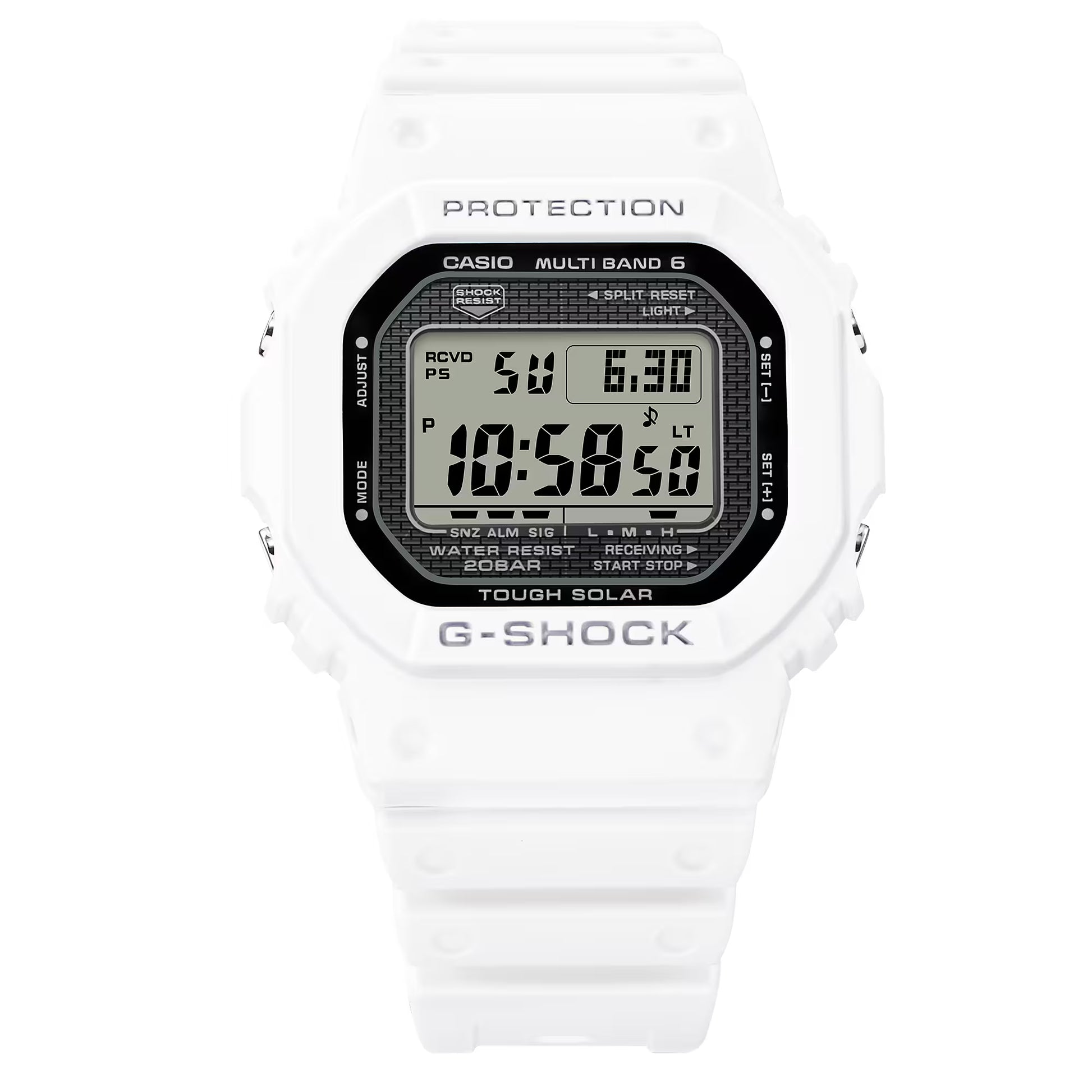 White Casio G-Shock digital watch on a white background