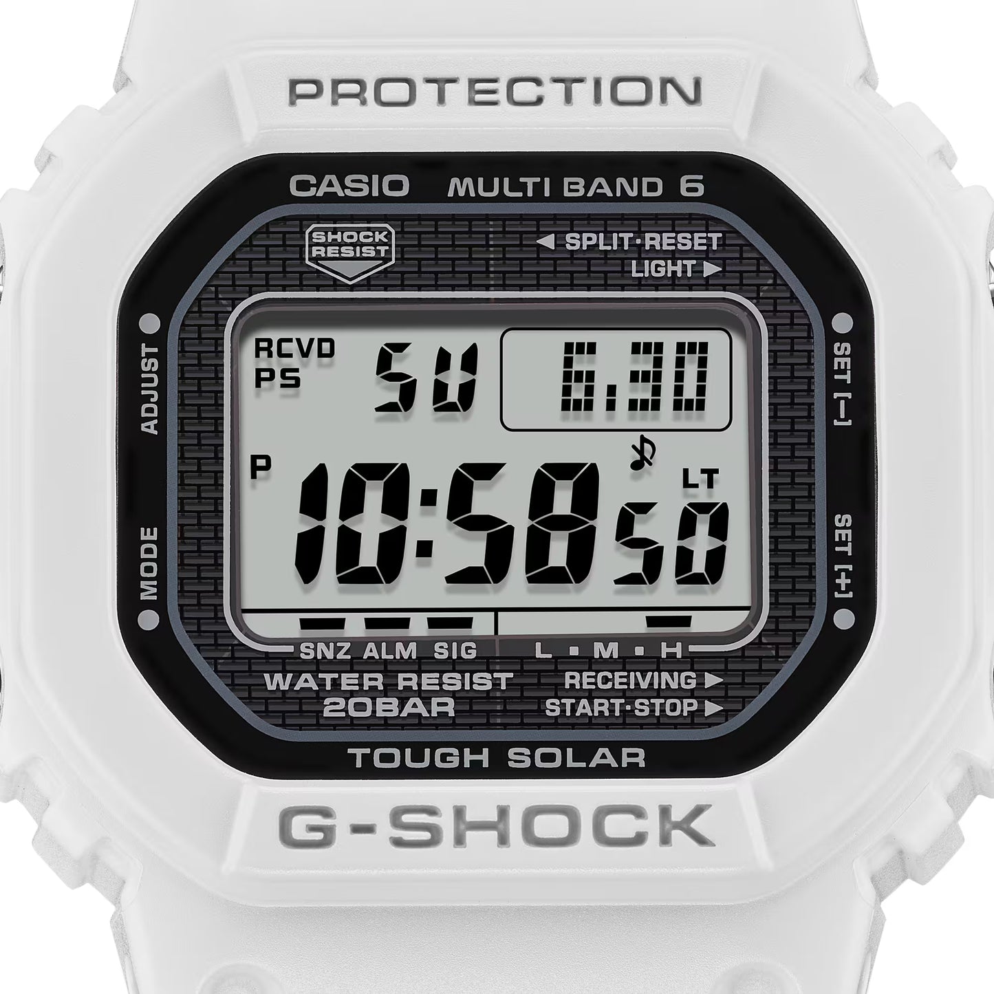 Casio G-Shock digital watch with white casing on a white background