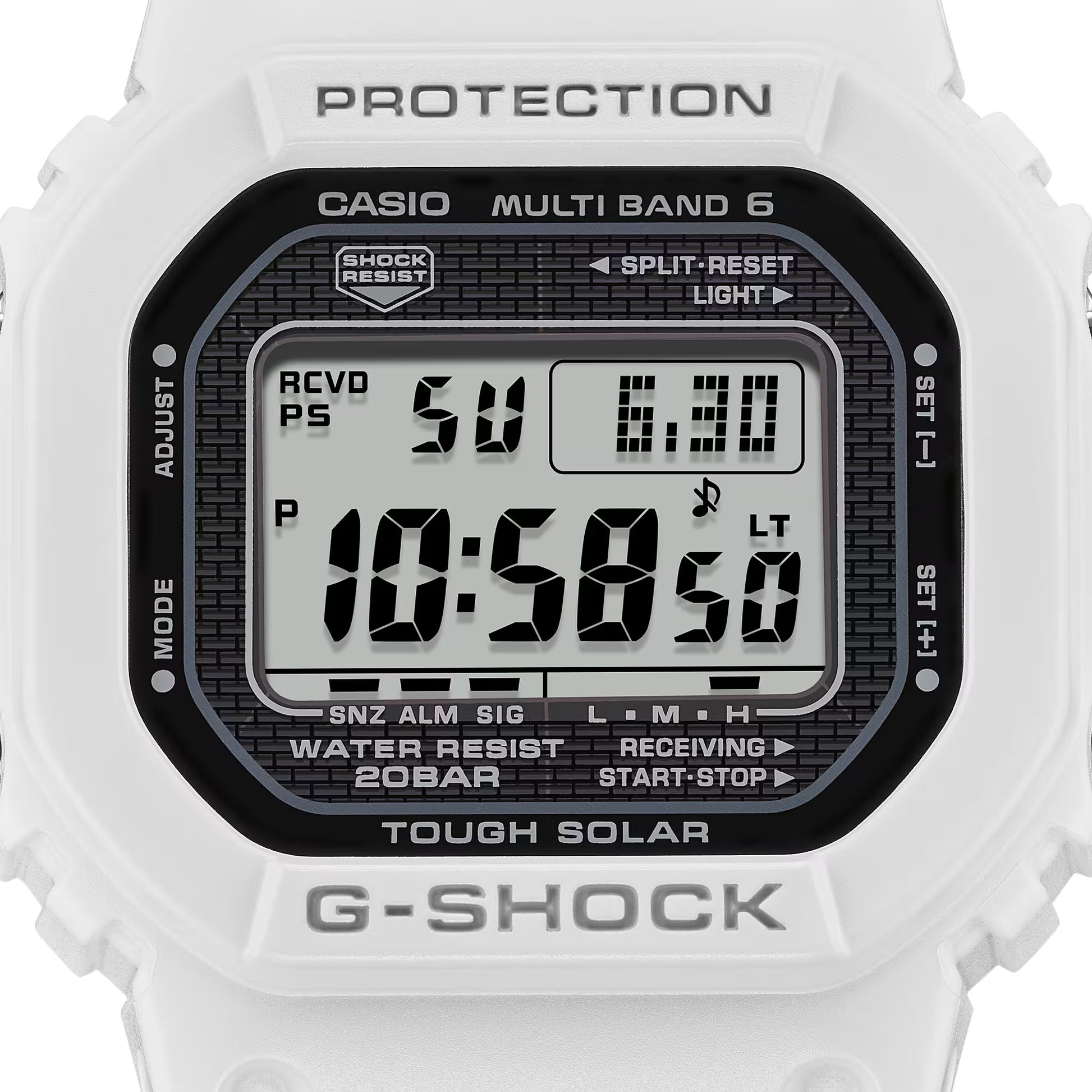 Casio G-Shock digital watch with white casing on a white background
