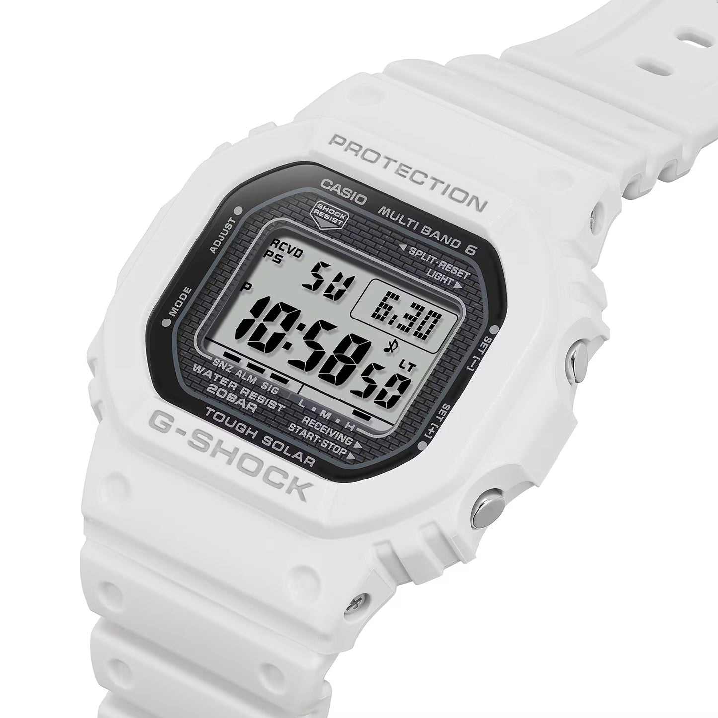 White Casio G-Shock digital watch on a white background