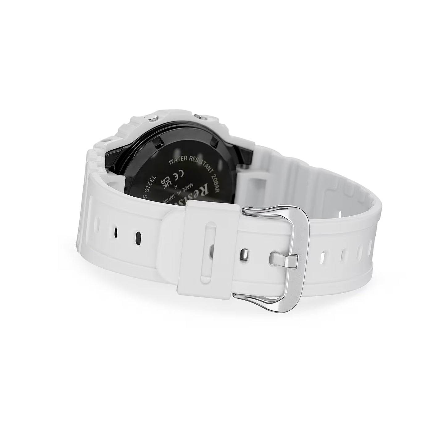 White smartwatch with a black display on a white background